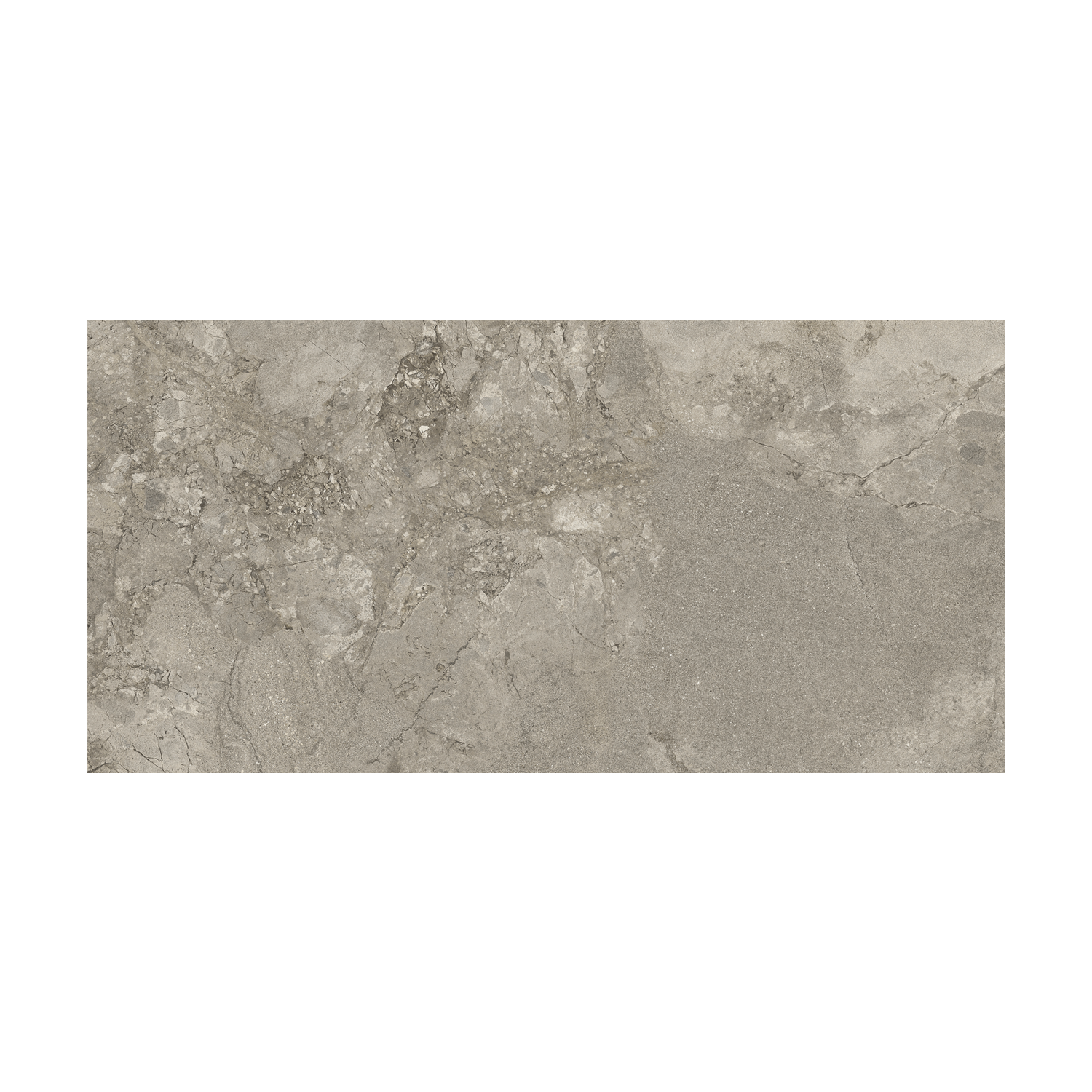 Lythos - Grey is a rectangular ceramic tile showcasing a natural stone texture in shades of gray and taupe, enhanced by subtle veining and a matte finish. The tile is presented on a plain white background.