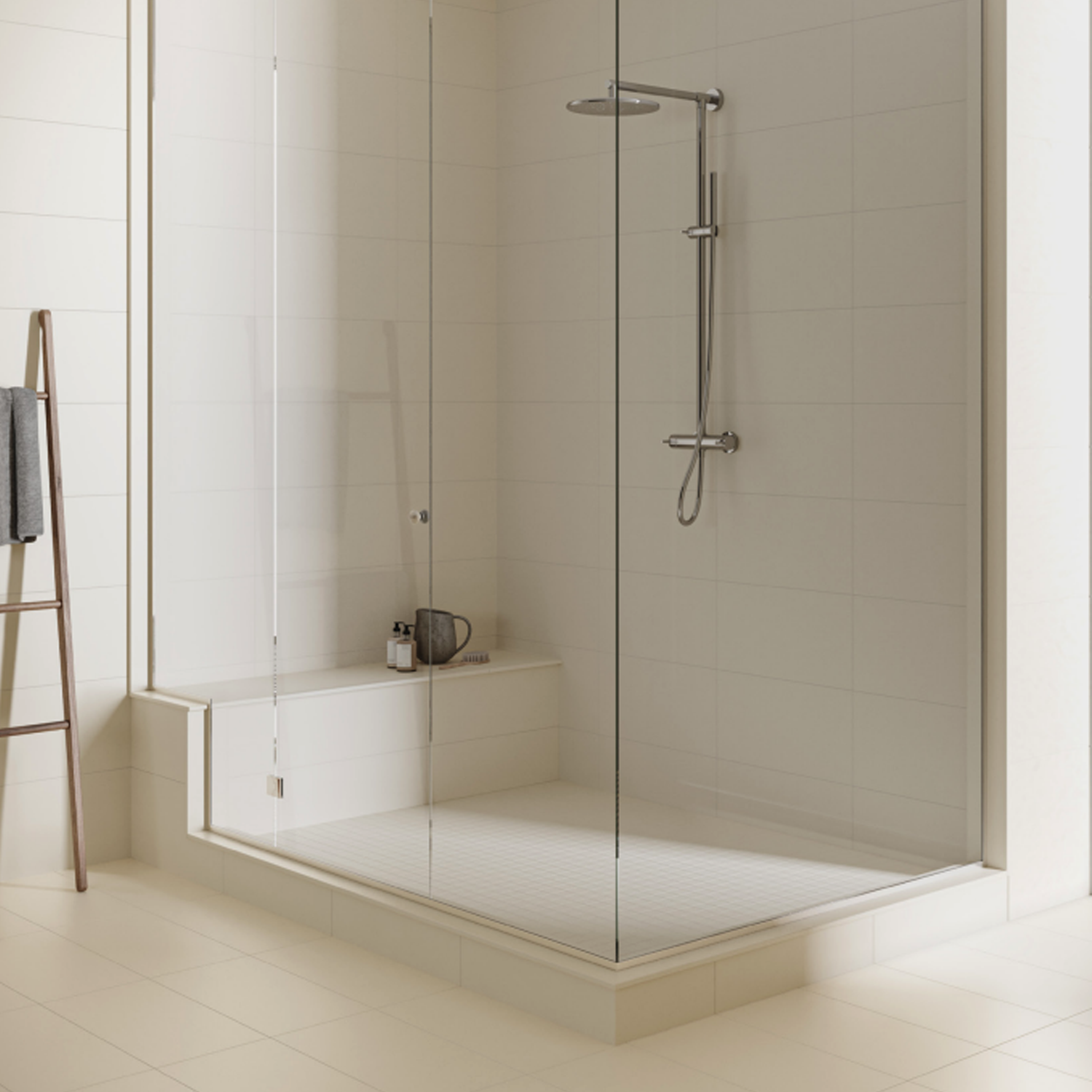 Modern, minimalistic bathroom with a walk-in glass shower, Marmiline - Snow tiled walls and floor, a silver handheld showerhead, a bench, and a small ladder holding a dark towel on the left.