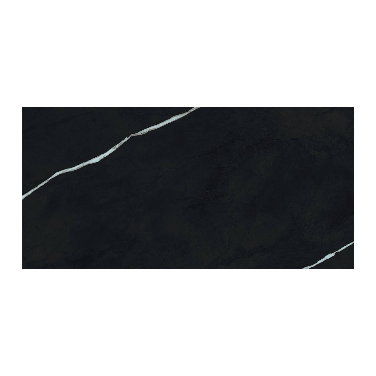 A rectangular Marvel Meraviglia - Black Origin stone tile in black, featuring a subtle dark texture and two thin white diagonal veins that cross the surface from corner to corner.