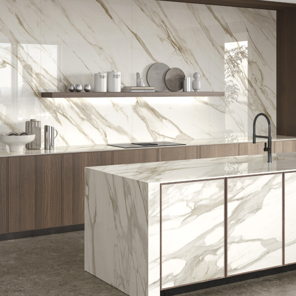 Modern kitchen with marble countertops and backsplash, wood cabinetry, a black faucet, and a minimalist shelf holding dishes and decor. Neutral tones and clean lines create a sleek, contemporary look.