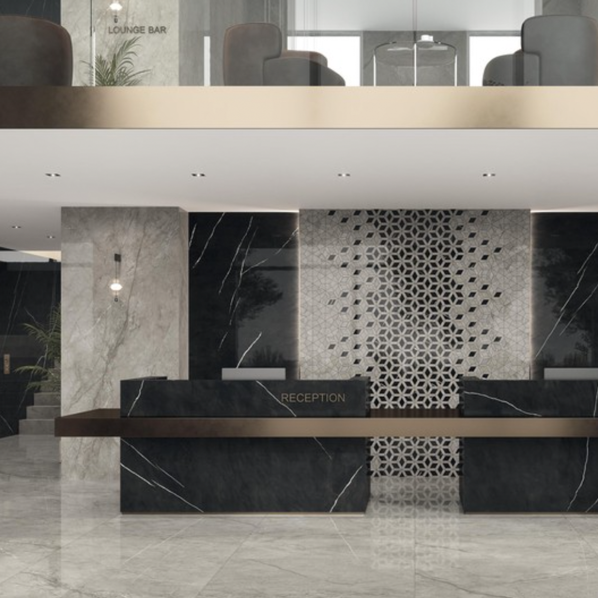 A modern hotel lobby features a Marvel Meraviglia - Silver Majestic marble floor, complemented by a dark marble reception desk, a geometric patterned feature wall, and an upper-floor lounge bar visible in the background. The space is sleek, minimalist, and elegantly designed.
