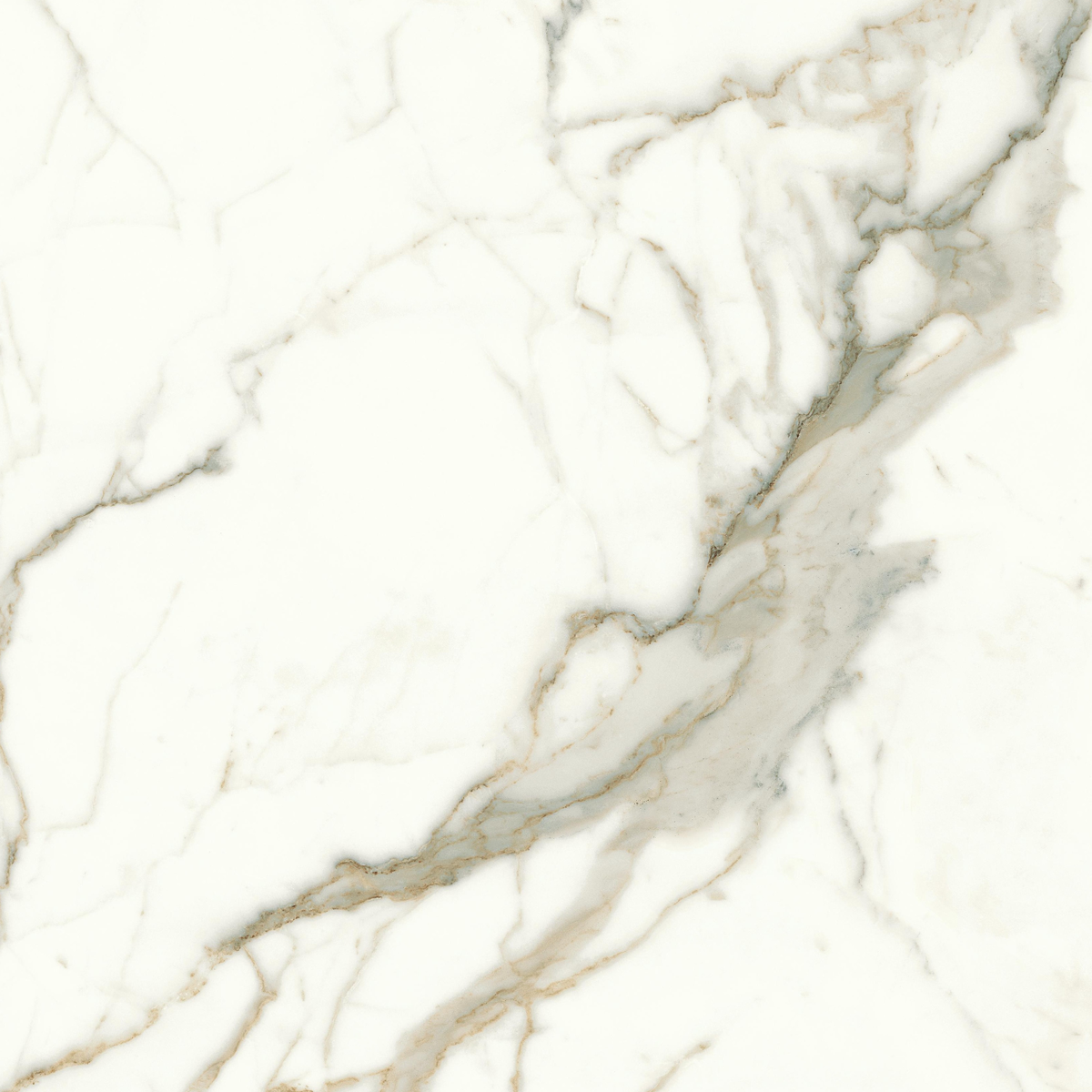 Marvel Shine – Calacatta Prestigio features a white marble surface accented by delicate gray and beige veining that runs diagonally, offering an elegant and natural stone texture.