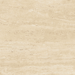 A modern boutique featuring Marvel Travertine - Sand Vein Cut on the floors and walls, with clothing displayed on racks and shelves, a display table showcasing folded clothes and accessories, and fitting rooms with curtained entrances in the background.