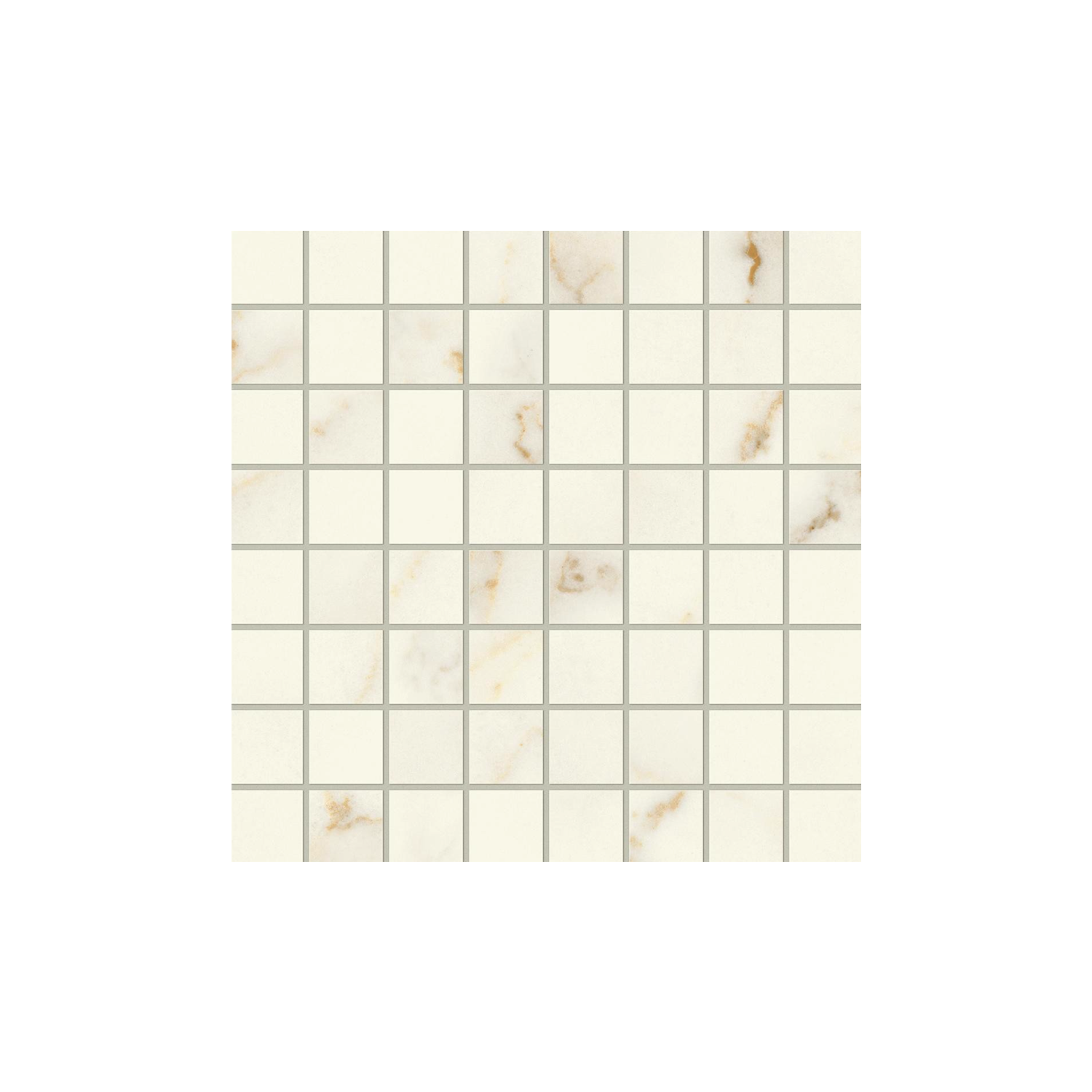 Marvel X - Calacatta Apuano tile sheet features a grid of small cream-colored tiles with delicate beige and brown marble-like veining, separated by light gray grout lines, displayed centered on a white background.