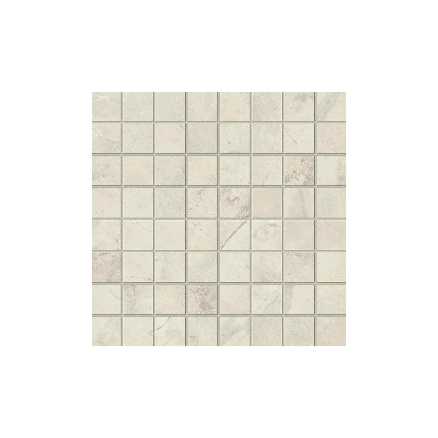 A square tile sheet called Marvel X - Calacatta Perla showcases a grid of small, light beige marble-like tiles with delicate veining and subtle tonal variations. Each tile is evenly spaced and separated by thin grout lines for a refined look.