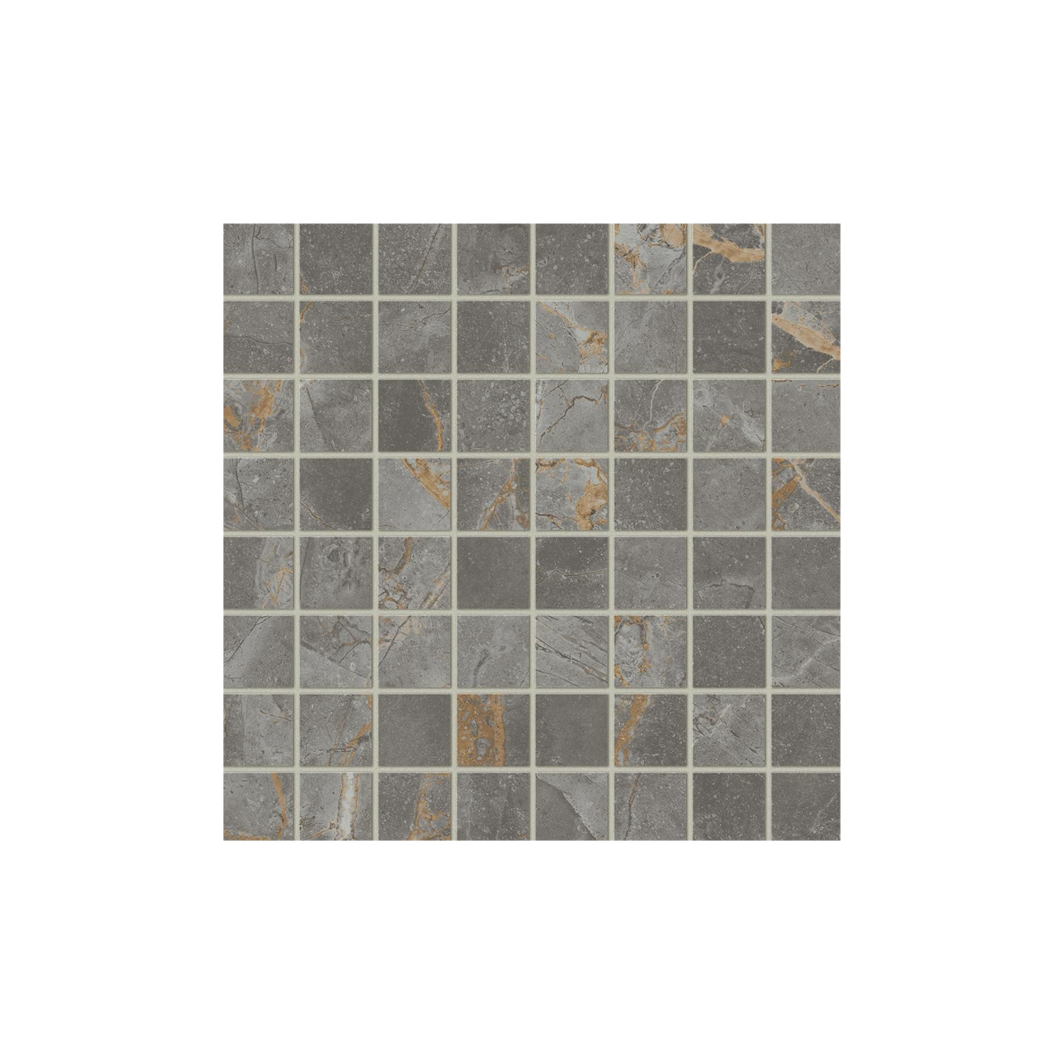 A sheet of Marvel X - Fior Di Bosco features small, square gray stone tiles arranged in a grid pattern, highlighted by subtle brown and gold veining. These tiles showcase a natural, textured look and are separated by thin, even grout lines.