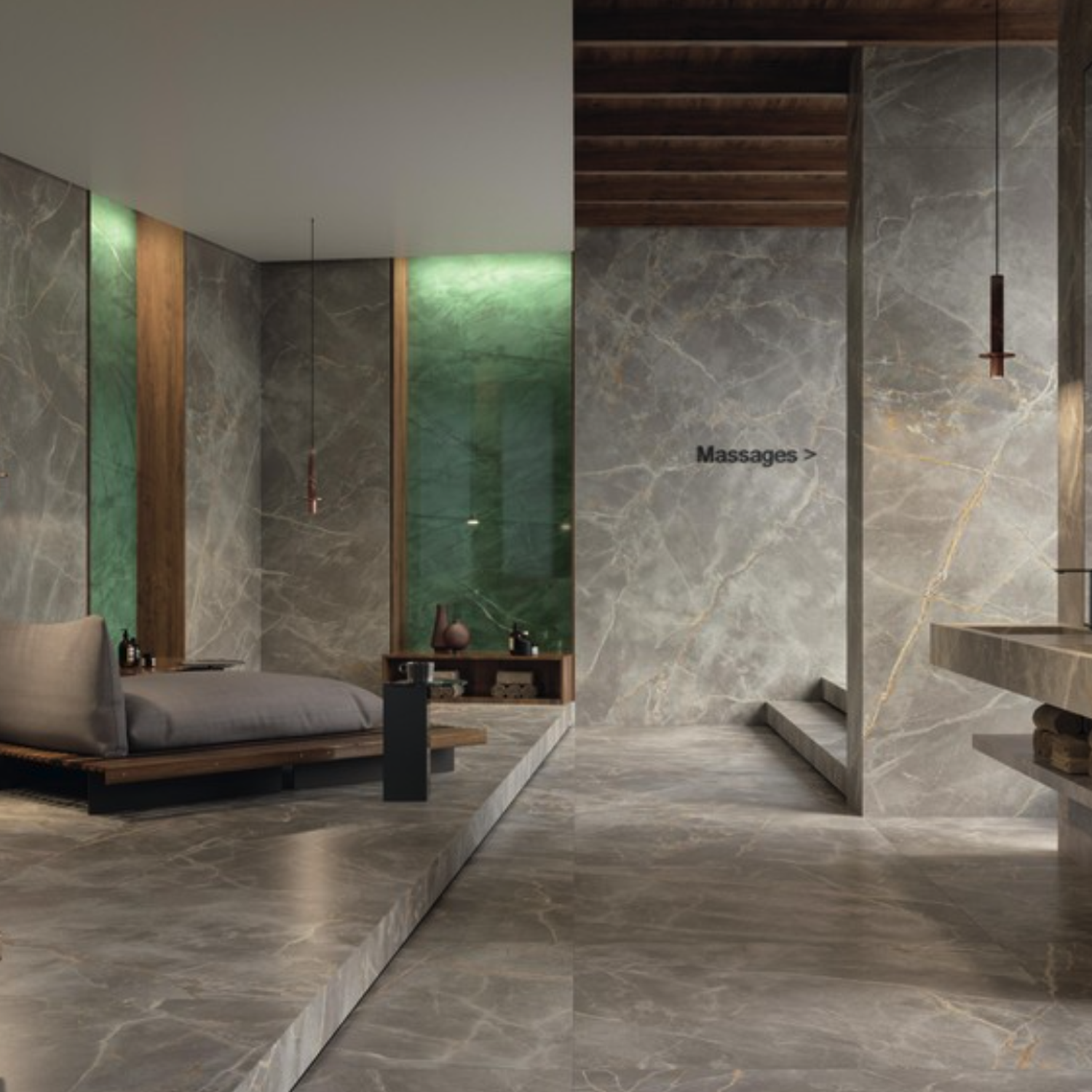 Modern spa room featuring Marvel X - Fior Di Bosco grey marble walls and floors, a low platform bed, green glass accents, wood elements, and a "Massages" sign on the wall. Soft lighting enhances the calm, relaxing atmosphere.