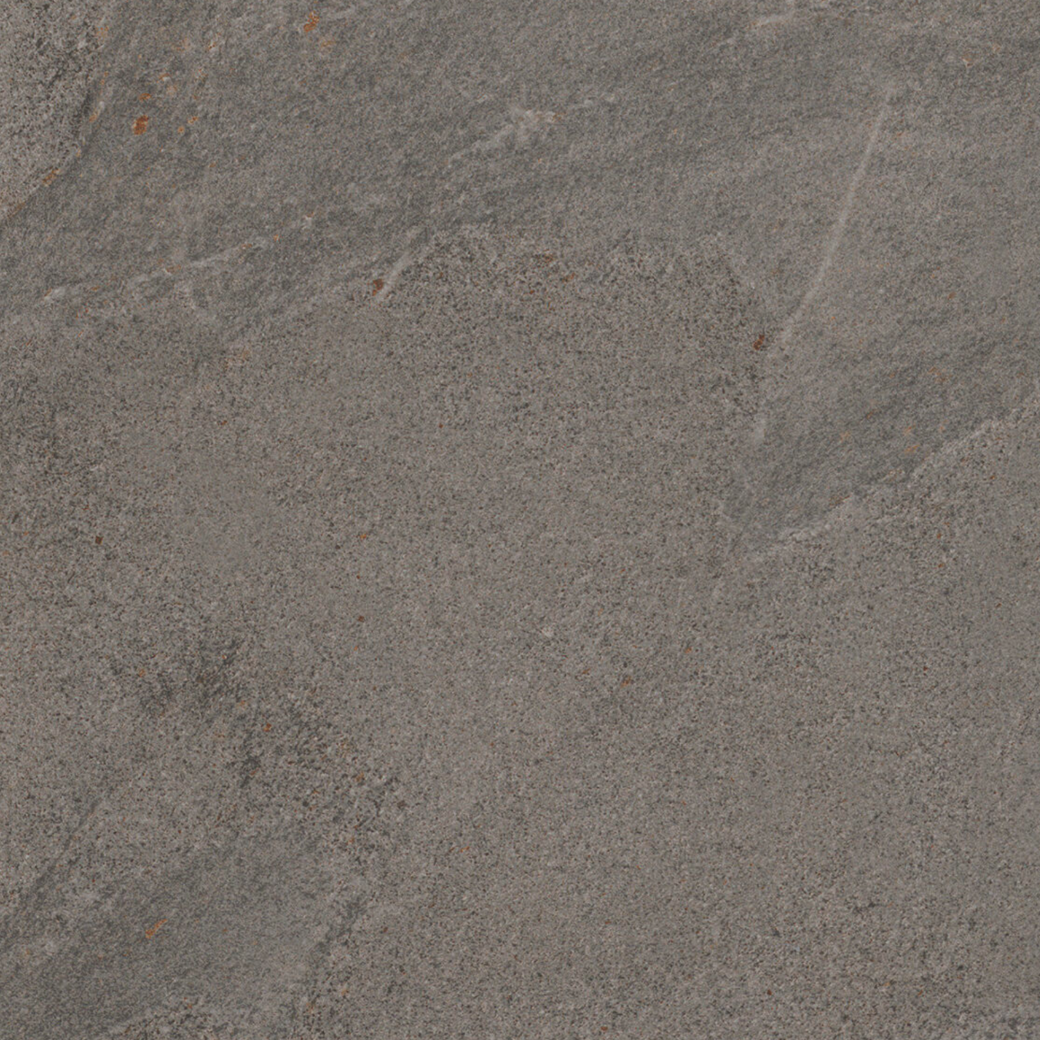 Close-up of Modern Slate - Slate Grey, featuring a rough stone surface with subtle lines, variations in darker and lighter gray tones, and small scattered rusty brown spots throughout the texture.