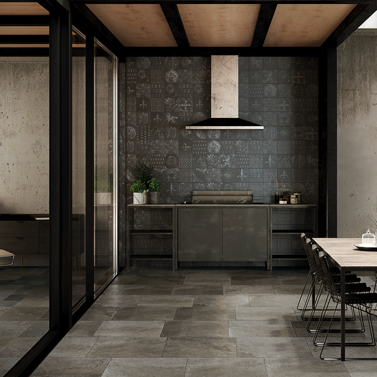 Sleek kitchen featuring Molo Audace - Bocca Di Lupo dark tile floors, a patterned backsplash, stainless steel appliances, a dining table with black chairs, and potted plants on the counter. Expansive glass doors provide an open, airy atmosphere.