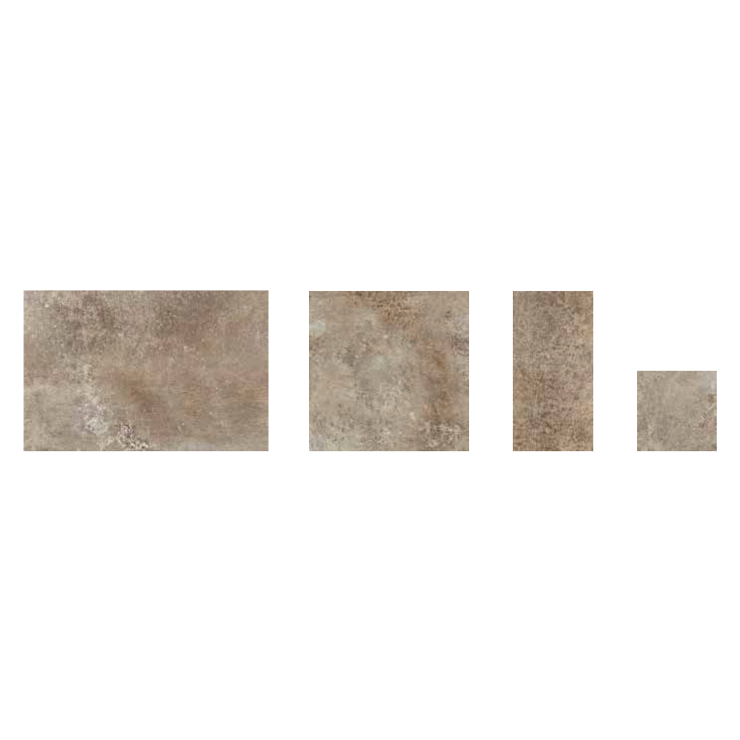 Four rectangular Molo Audace - Terra D'Ormeggio tiles in varying sizes, arranged in a row from largest to smallest, featuring a textured brown and beige stone-like appearance on a white background.