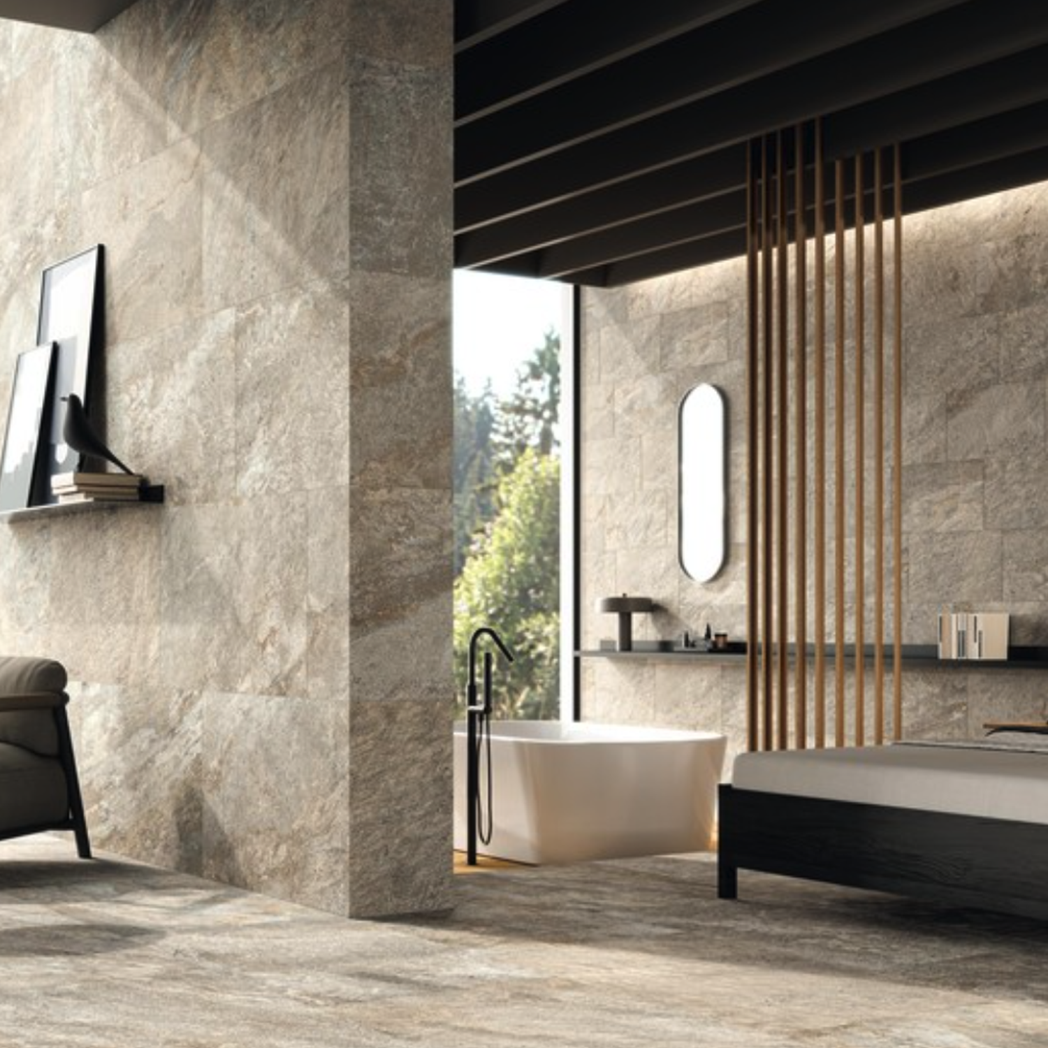 Modern, minimalist bedroom and bathroom suite featuring Norde - Platino stone walls, a freestanding tub, expansive window, sleek black fixtures, wood slat divider, and neutral décor that together create a serene and luxurious atmosphere.