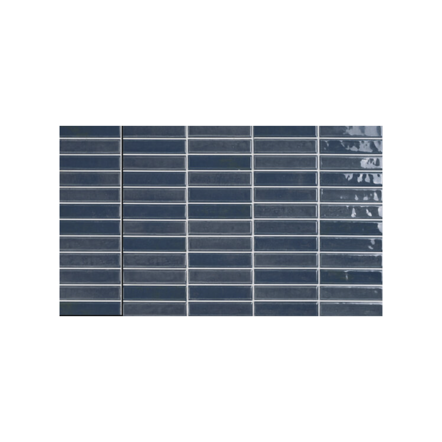 Close-up of a rectangular grid of Pim Pam Pum - Pim Blue solar panels featuring dark blue cells divided by thin white lines, with some sections on the right reflecting light.