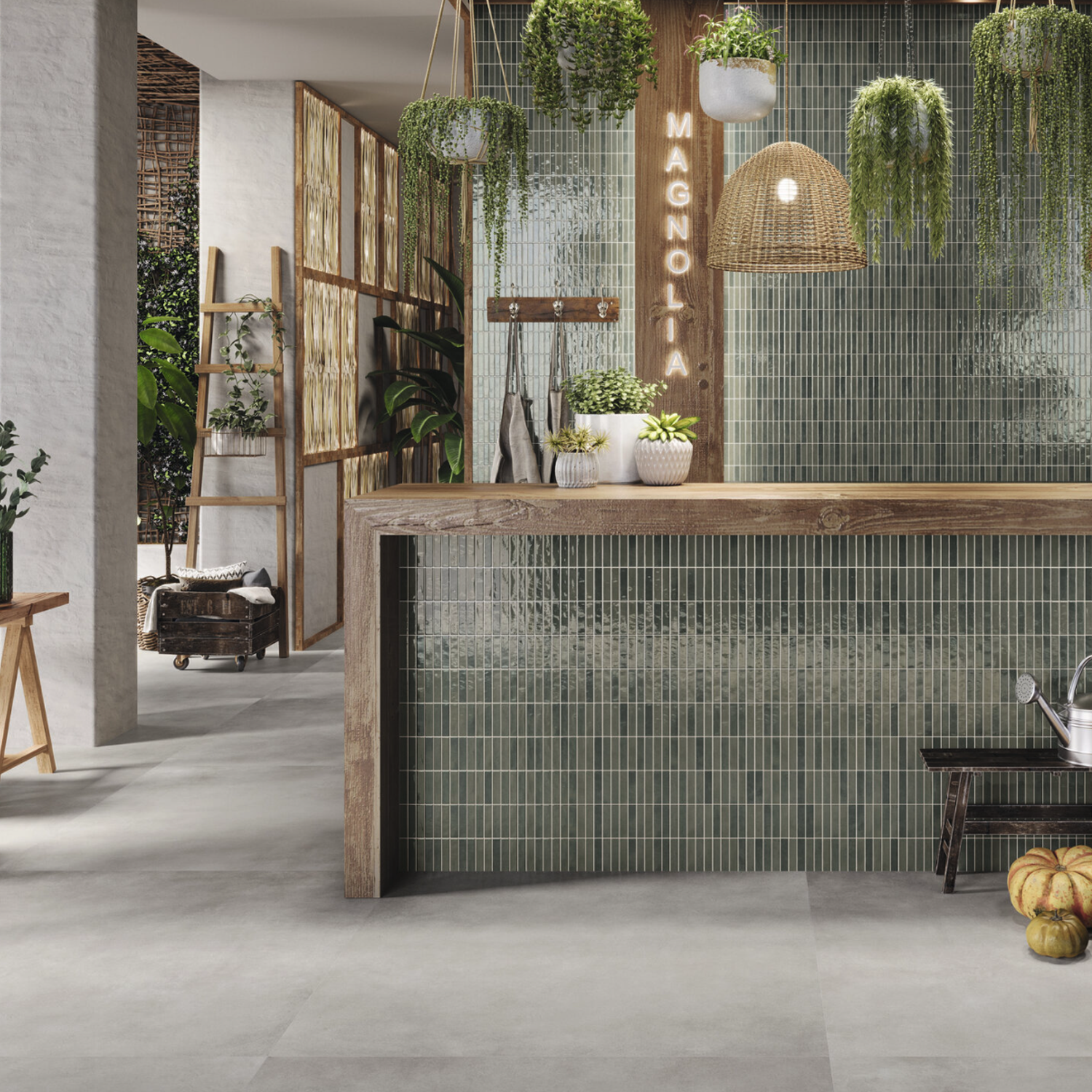 A rustic kitchen featuring Pim Pam Pum - Pim Moss as a lush green tiled backsplash, complemented by wooden counters, hanging plants, woven lampshades, potted greenery throughout the space, and a ladder shelf with baskets in the background.