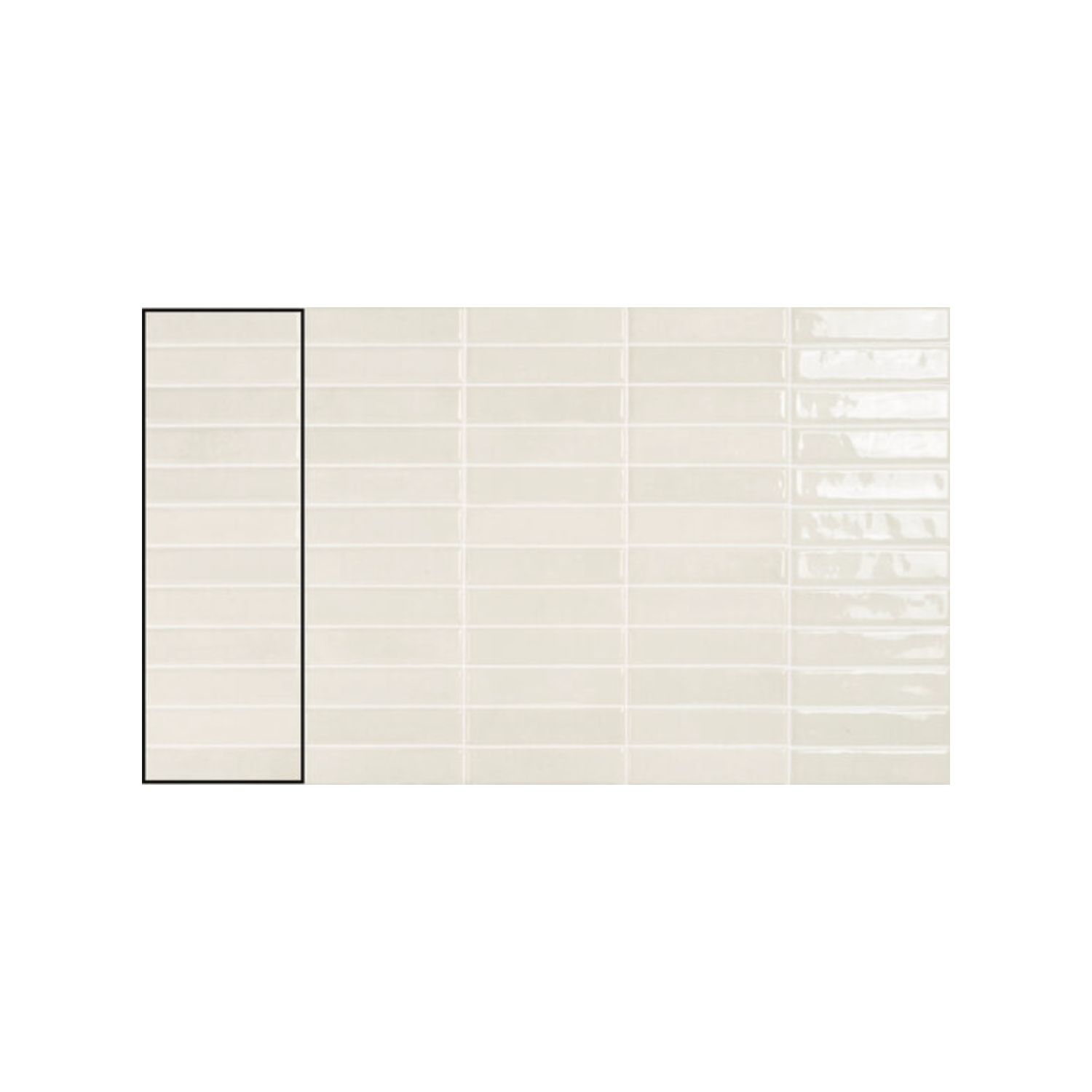 Rectangular, glossy off-white "Pim Pam Pum - Pim White" wall tiles are arranged in a grid; the first vertical column of tiles on the left is outlined with a black rectangle for emphasis.