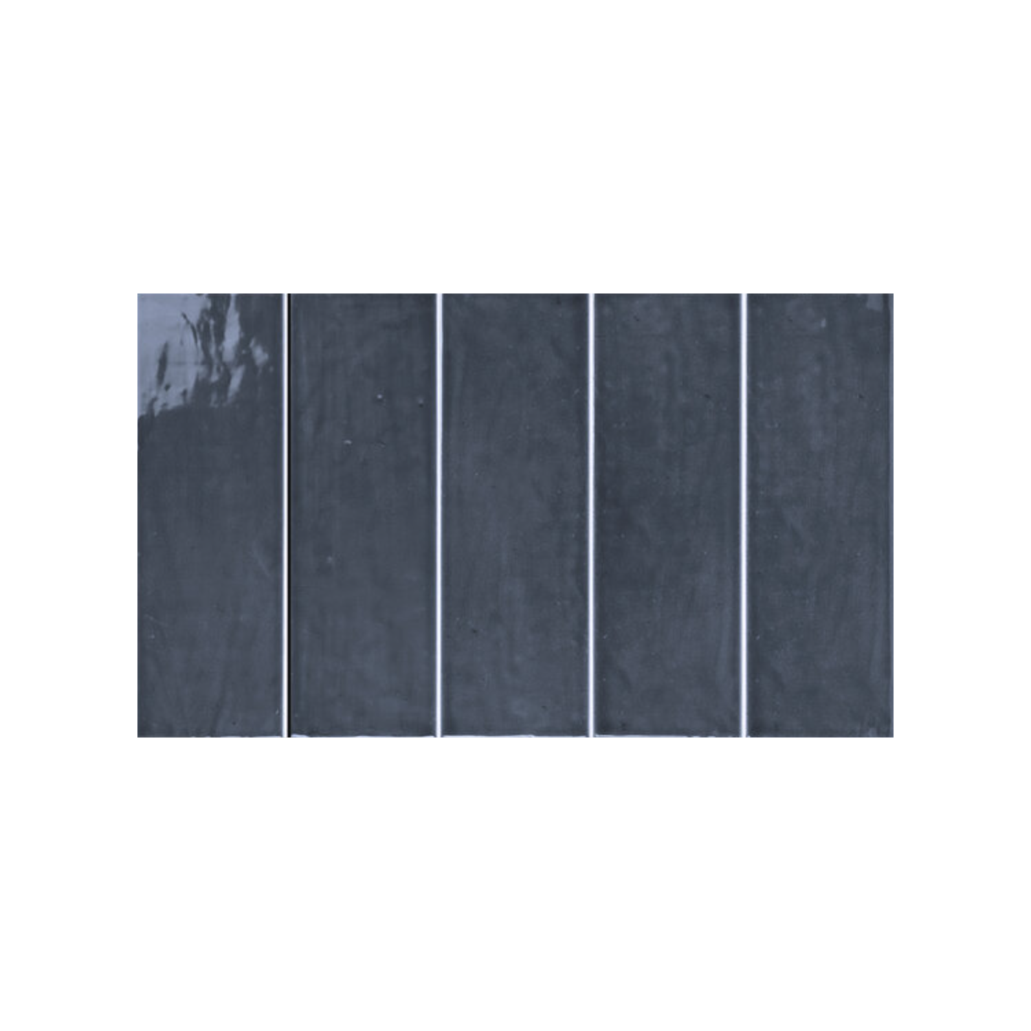 Five vertical, rectangular Pim Pam Pum - Pum Blue tiles are aligned side by side on a white background. The leftmost tile features a glossy, reflective surface, while the remaining tiles have a matte finish.