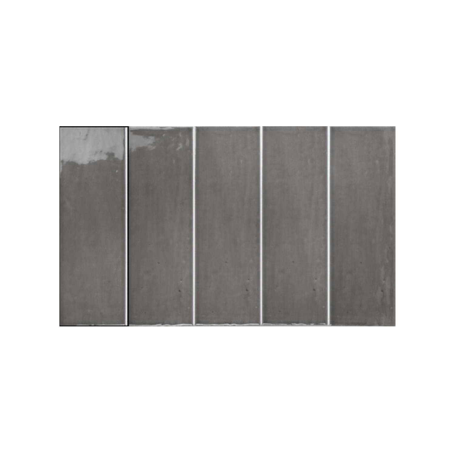 A photo of five Pim Pam Pum - Pum Grey concrete panels arranged vertically side by side, each separated by thin, visible lines. The first panel on the left features a lighter, uneven patch in its upper left corner.