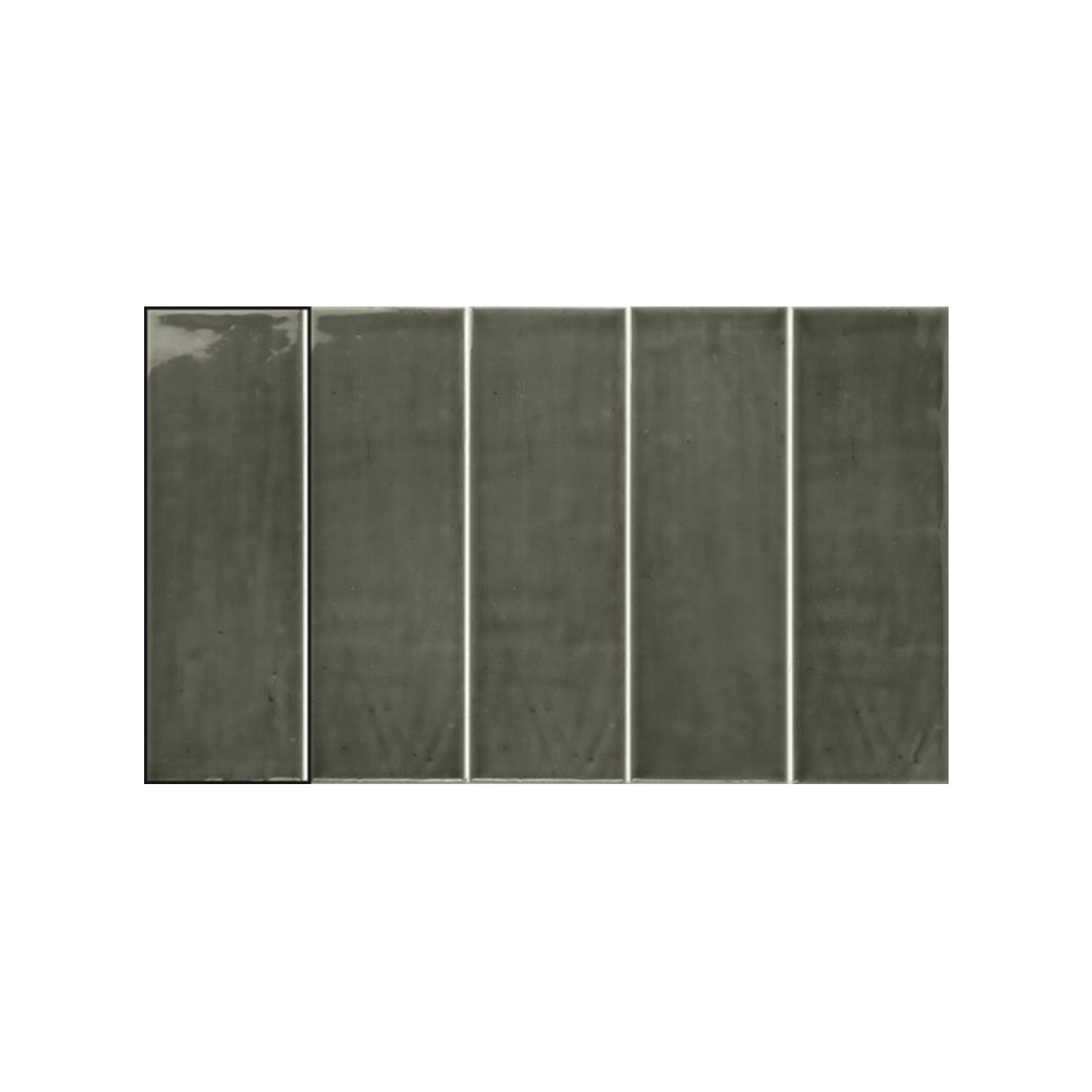 Five glossy, rectangular Pum Moss tiles from the Pim Pam Pum collection are arranged side by side in a horizontal row on a white background. The tile on the far left appears slightly darker than the other four.