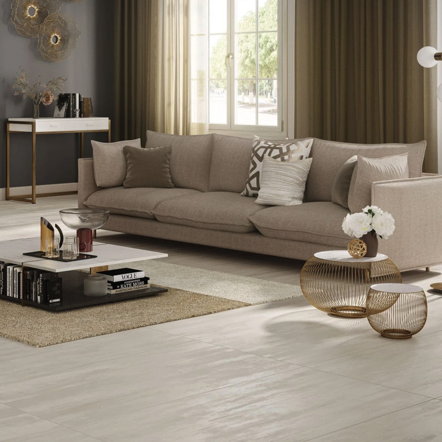 Step-by-step, here's how to rewrite the sentence using the given product data: Original: Modern living room with a beige sofa, decorative pillows, gold and white accent tables, a low coffee table, and floor-to-ceiling curtains framing a large window with trees visible outside. Given Product Name: Reflex - Mercury Rewritten Sentence: A modern living room featuring the Reflex - Mercury as the centerpiece alongside a beige sofa, decorative pillows, gold and white accent tables, a low coffee table, and floor-to-ceiling curtains that frame a large window overlooking trees.