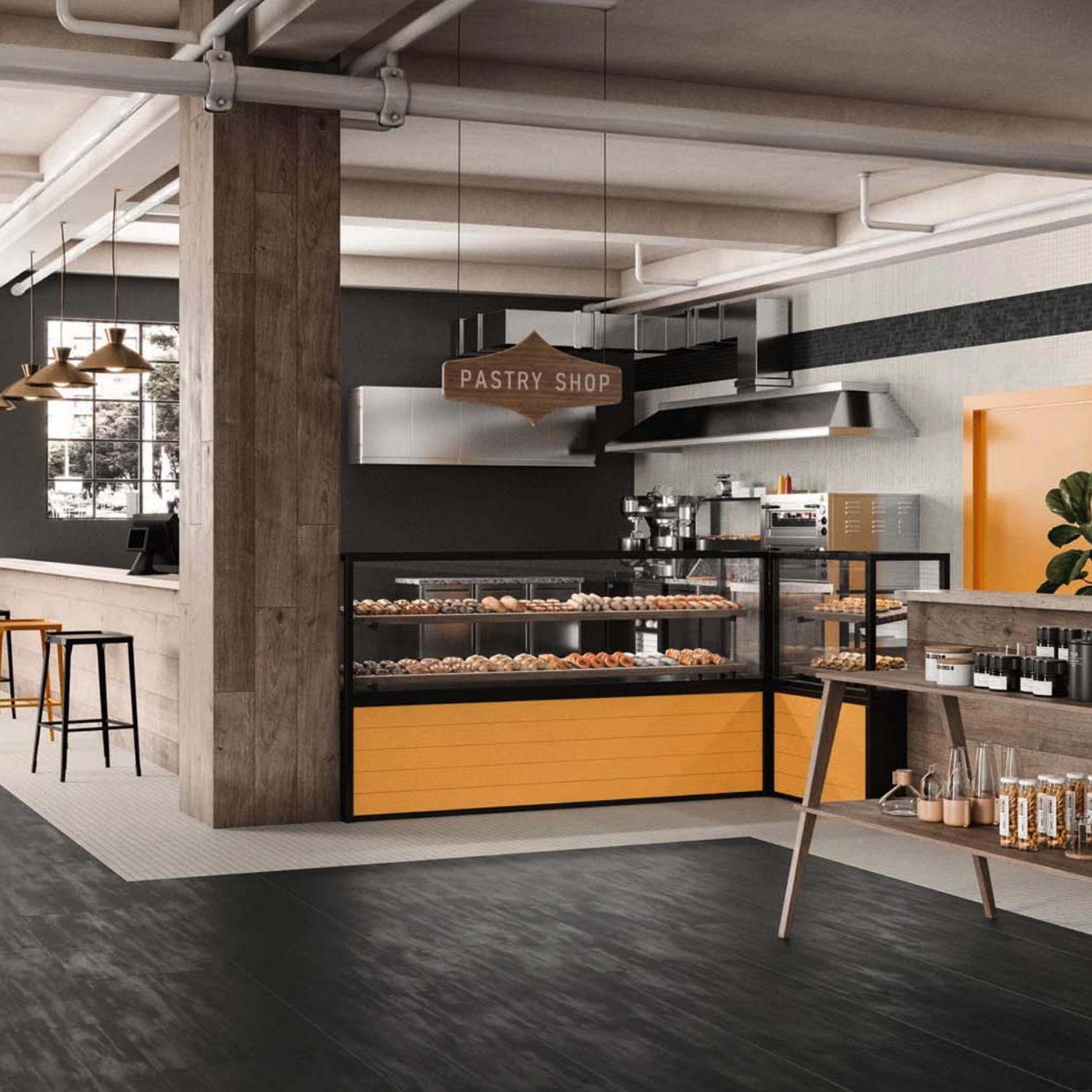 Modern pastry shop interior featuring the Reflex - Night yellow display case filled with pastries, complemented by bar seating, wooden accents, coffee machines, and pendant lights. A “Pastry Shop” sign is displayed above the counter area.