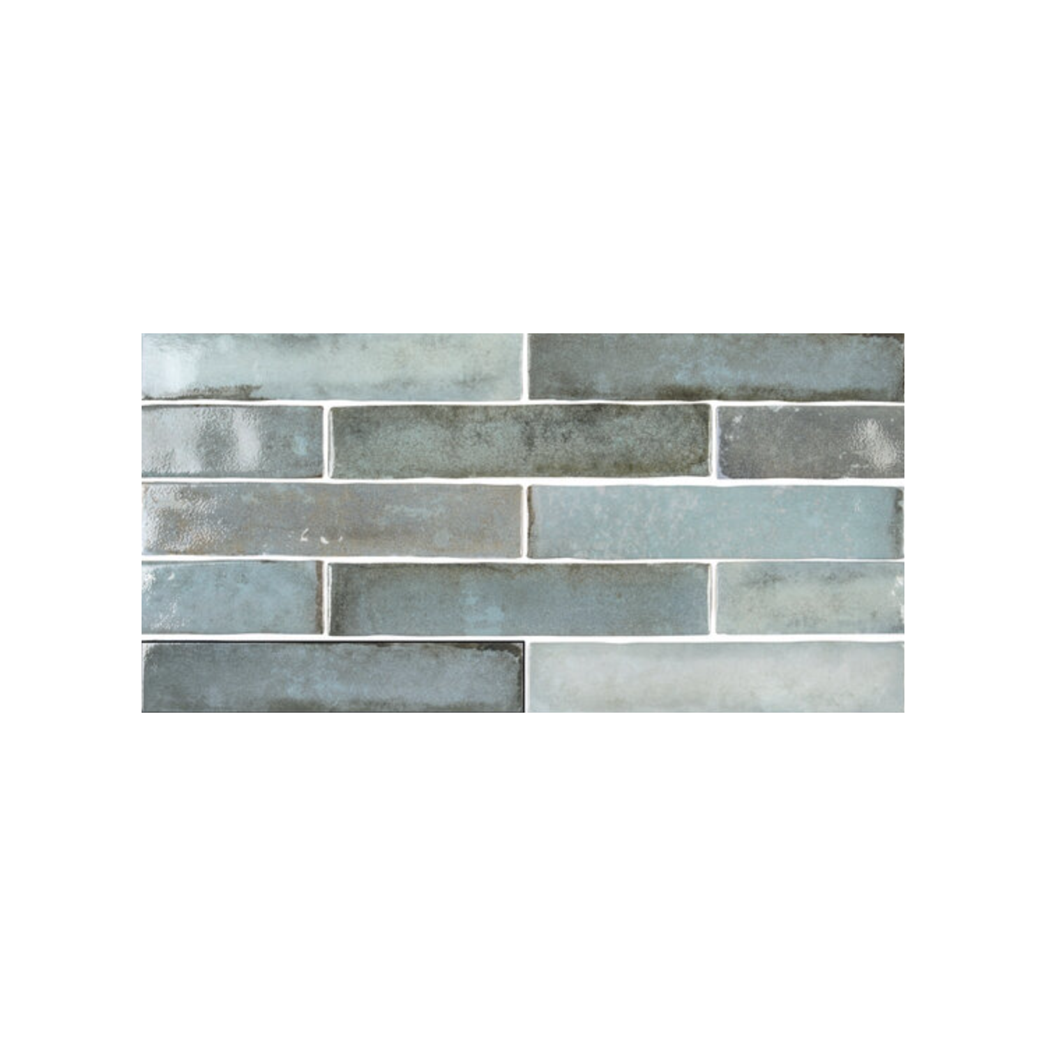 Savannah - Berilo rectangular ceramic tiles are arranged in a brick pattern, showcasing a glossy finish with varying shades of blue, grey, and teal, separated by white grout lines.