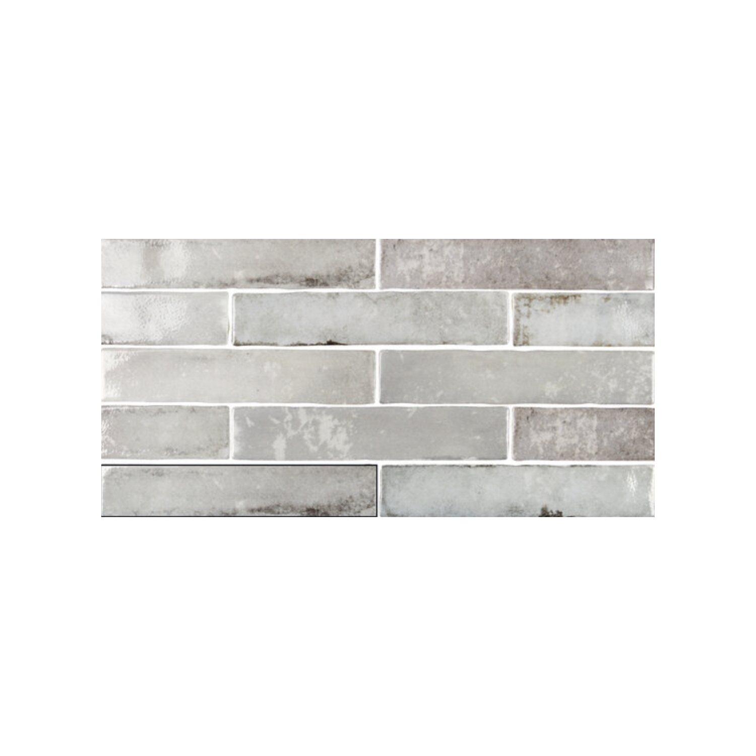 Savannah - Grey rectangular glazed ceramic tiles, featuring varying shades of gray and a glossy, subtly irregular surface texture, are arranged in a staggered brick pattern on a white background.