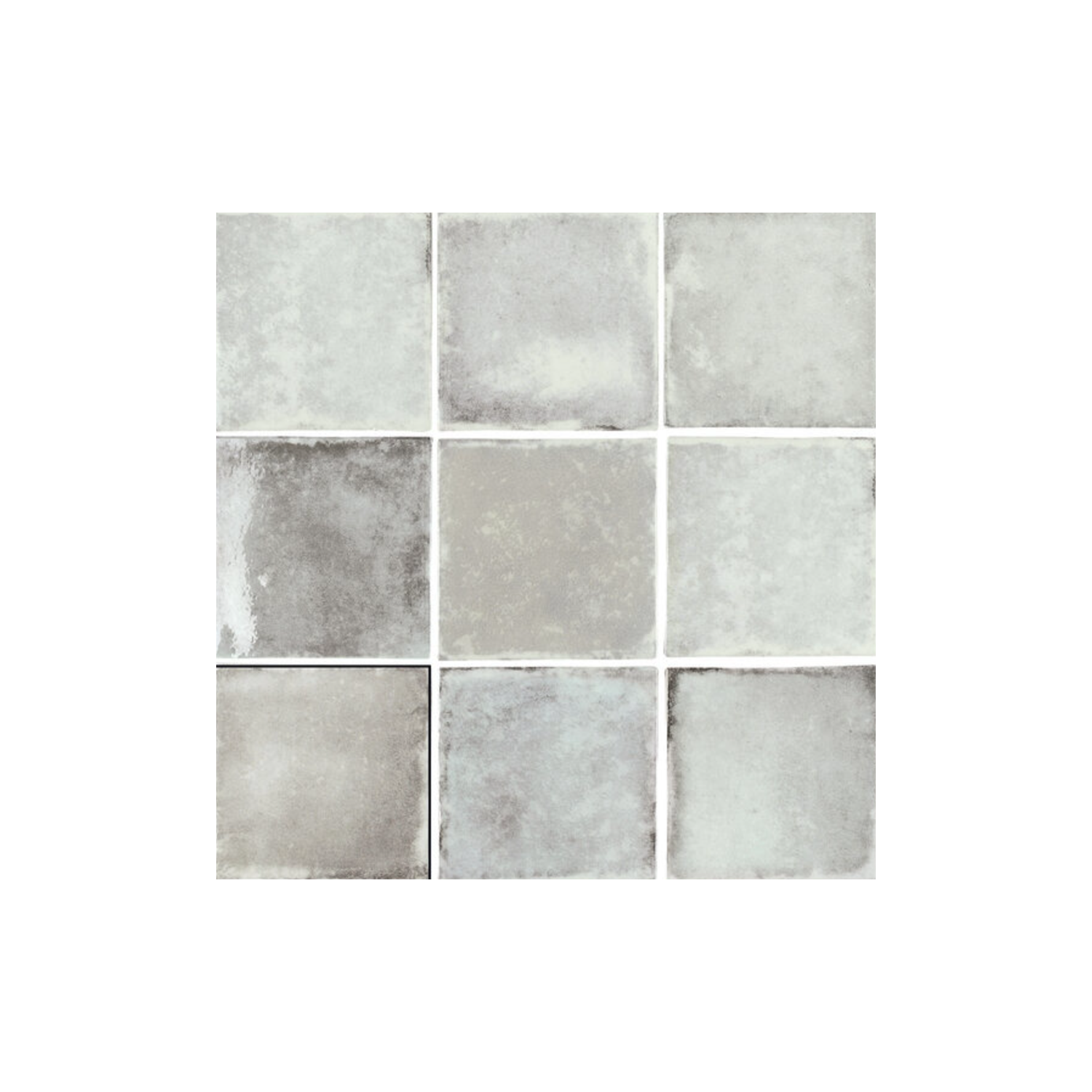 Nine Savannah - Grey ceramic tiles arranged in a 3x3 grid, each tile showcasing slightly different gray shades and textures for a subtle, varied look against a white background.