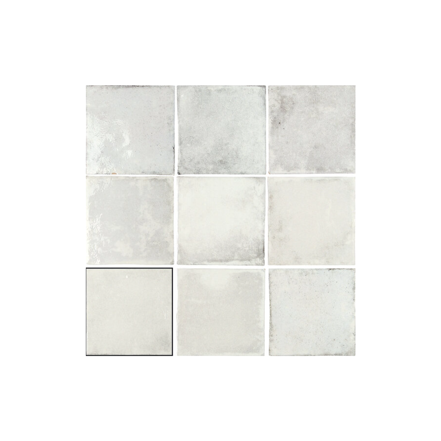 Nine square "Savannah - White" ceramic tiles in light gray tones, each exhibiting subtle variations in shade and texture, are arranged in a 3x3 grid on a white background; the bottom left tile is distinguished by a thin black border.