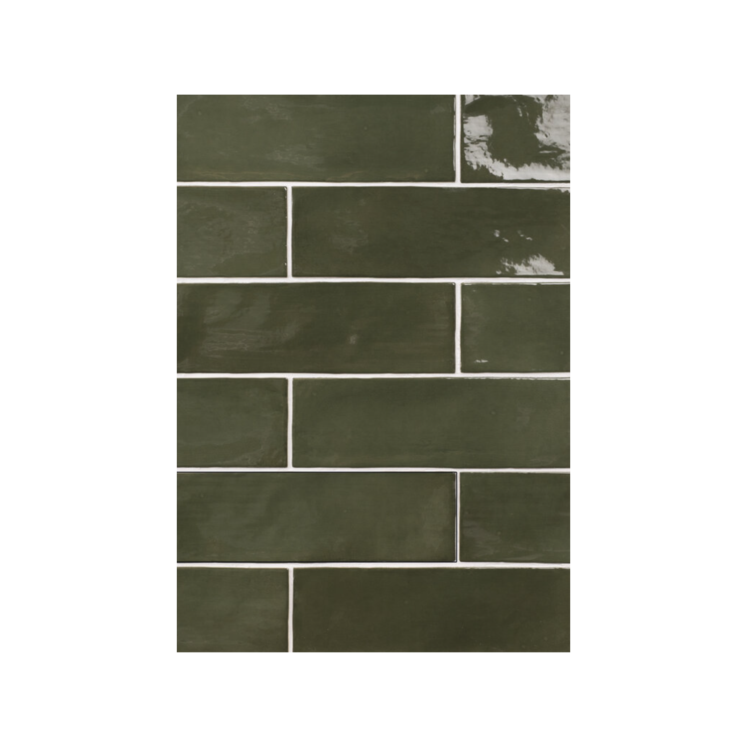 Seville - Green rectangular tiles arranged in a horizontal brick pattern with white grout lines; some tiles feature a glossy finish with visible reflections, while others have a matte appearance.