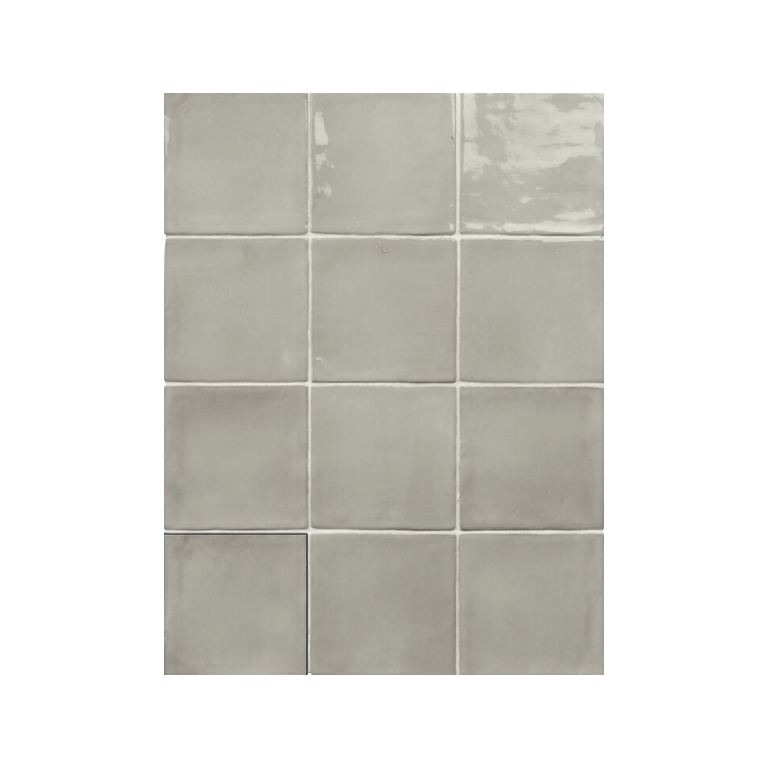 Twelve Seville - Grey ceramic tiles arranged in a 3 by 4 grid. These tiles have a glossy, slightly uneven finish, with subtle variations in tone and texture.