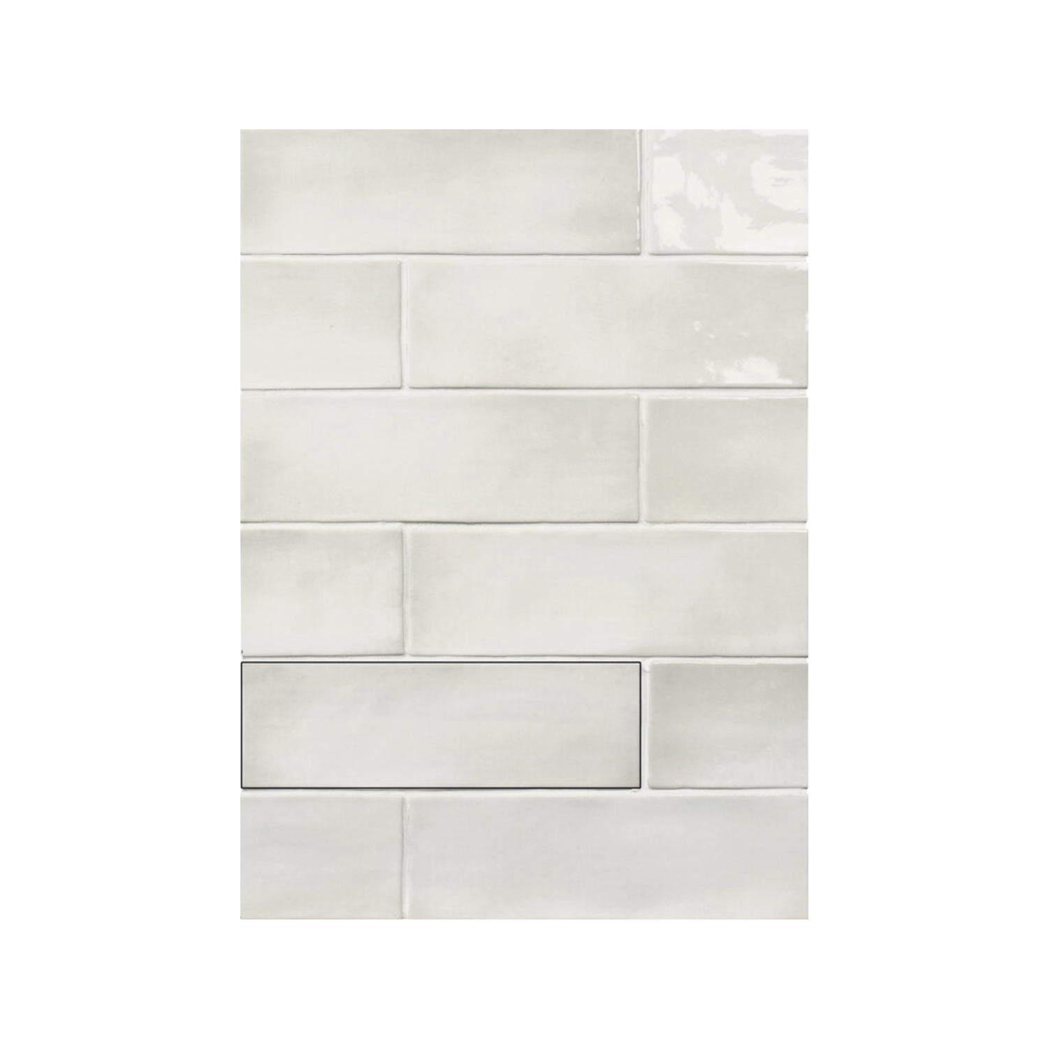 Seville - Snow rectangular subway tiles feature a glossy light gray finish with subtle color variations, arranged in a classic brick pattern and accented by visible grout lines.
