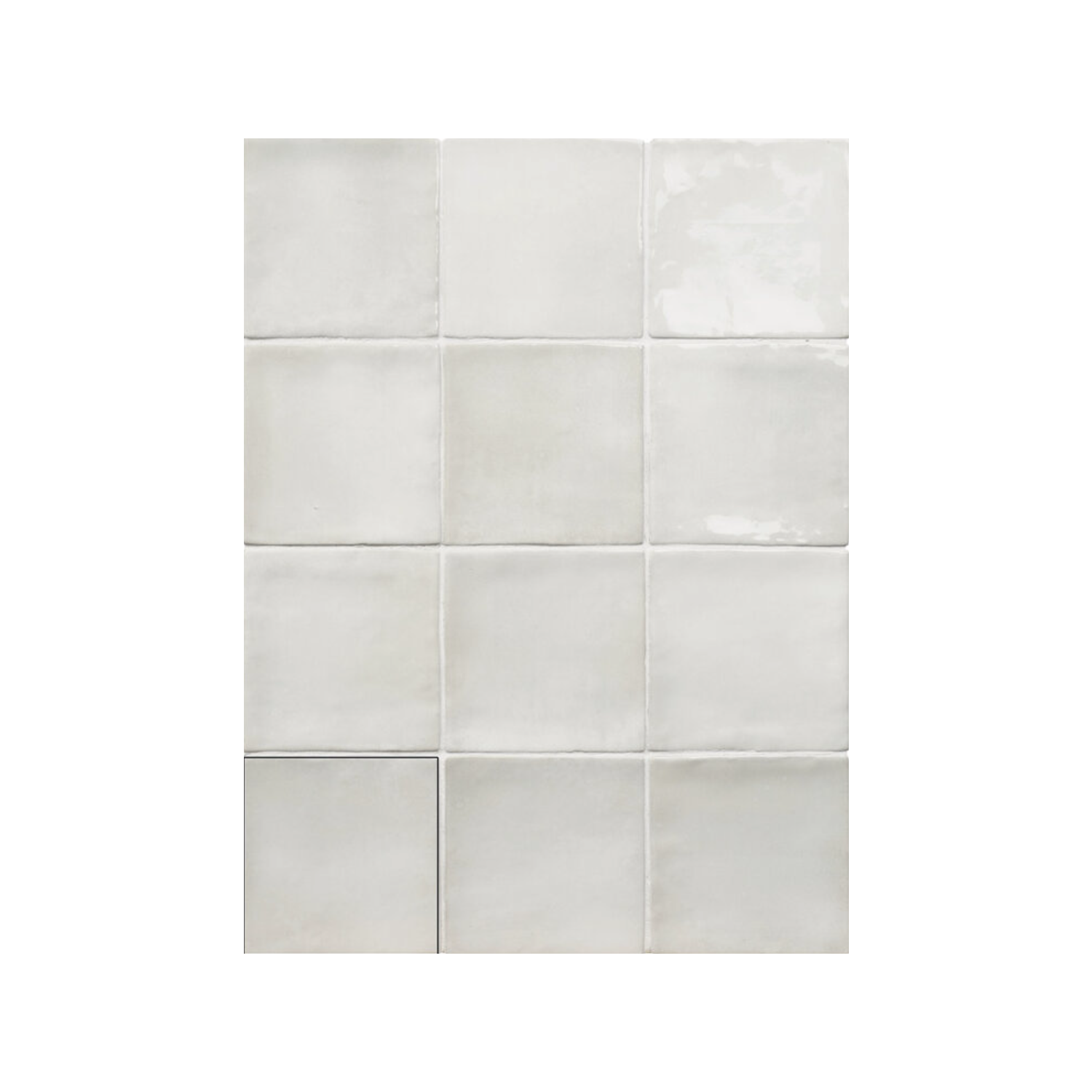 A grid of twelve Seville - Snow ceramic tiles, featuring a glossy off-white finish with delicate variations in shade and texture, arranged in three rows and four columns against a white background.