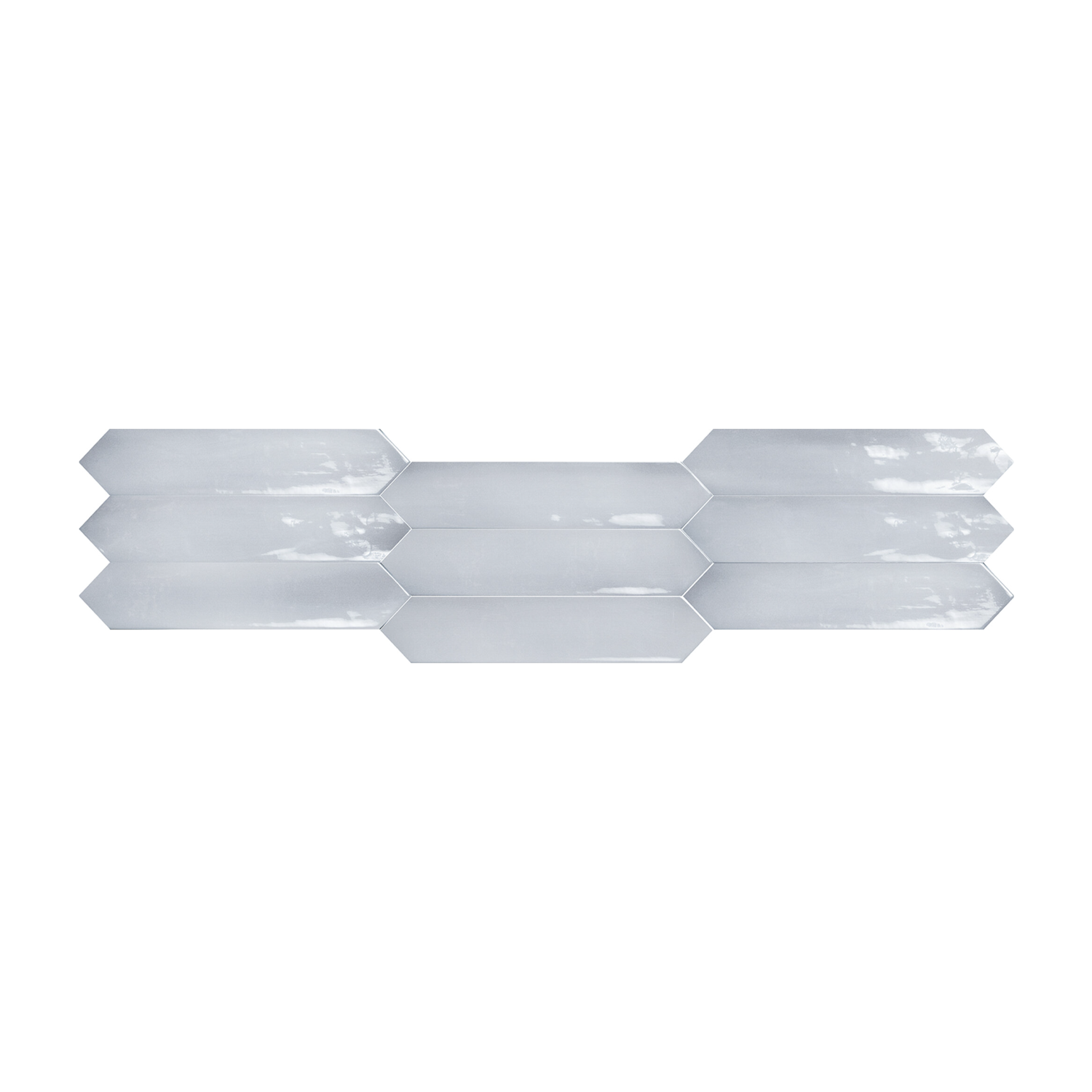 Five elongated, white hexagonal Sfumature - Azzurro tiles are arranged in a staggered, horizontal formation against a white background.
