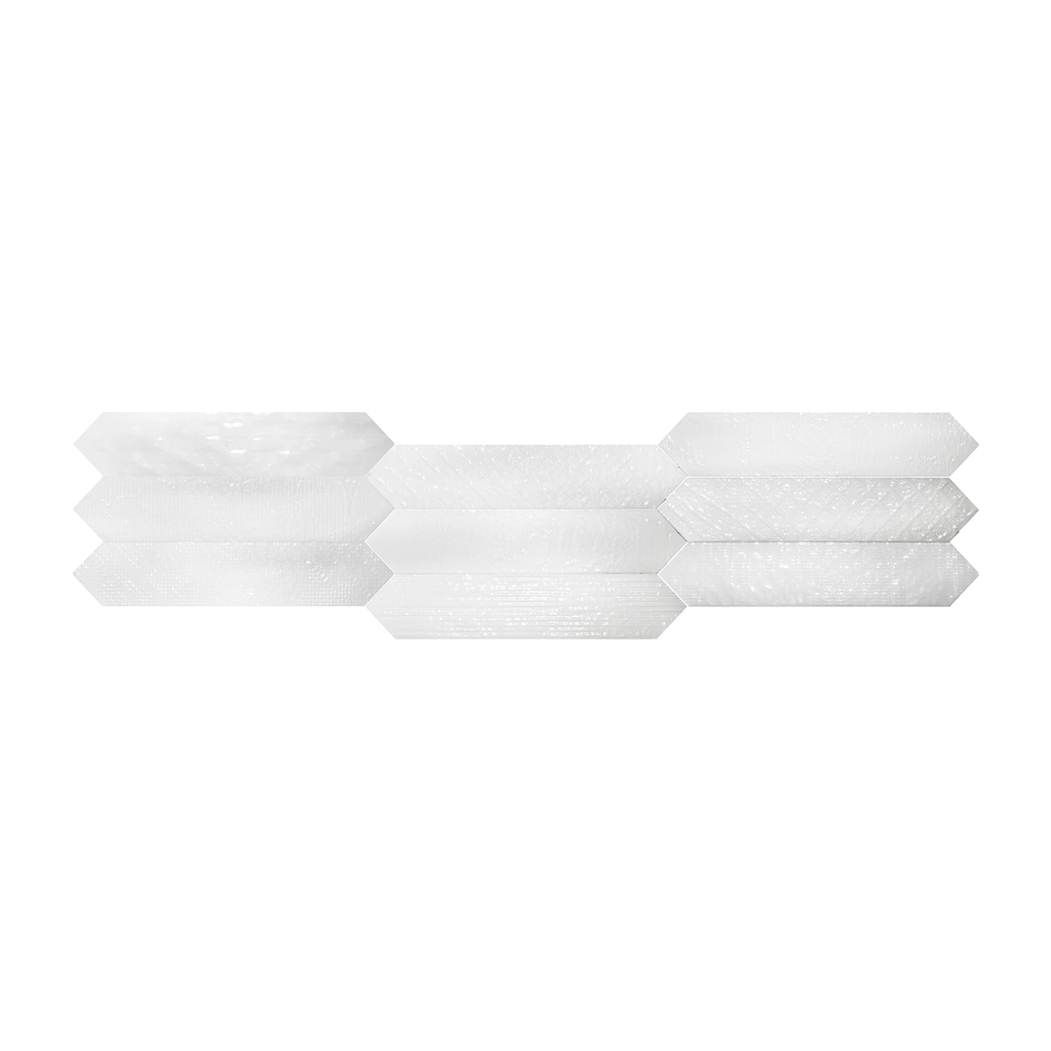 Eight Sfumature - Effetti Bianco hexagonal tiles, featuring a textured, glossy white surface, are arranged in two horizontal rows and displayed on a plain white background.
