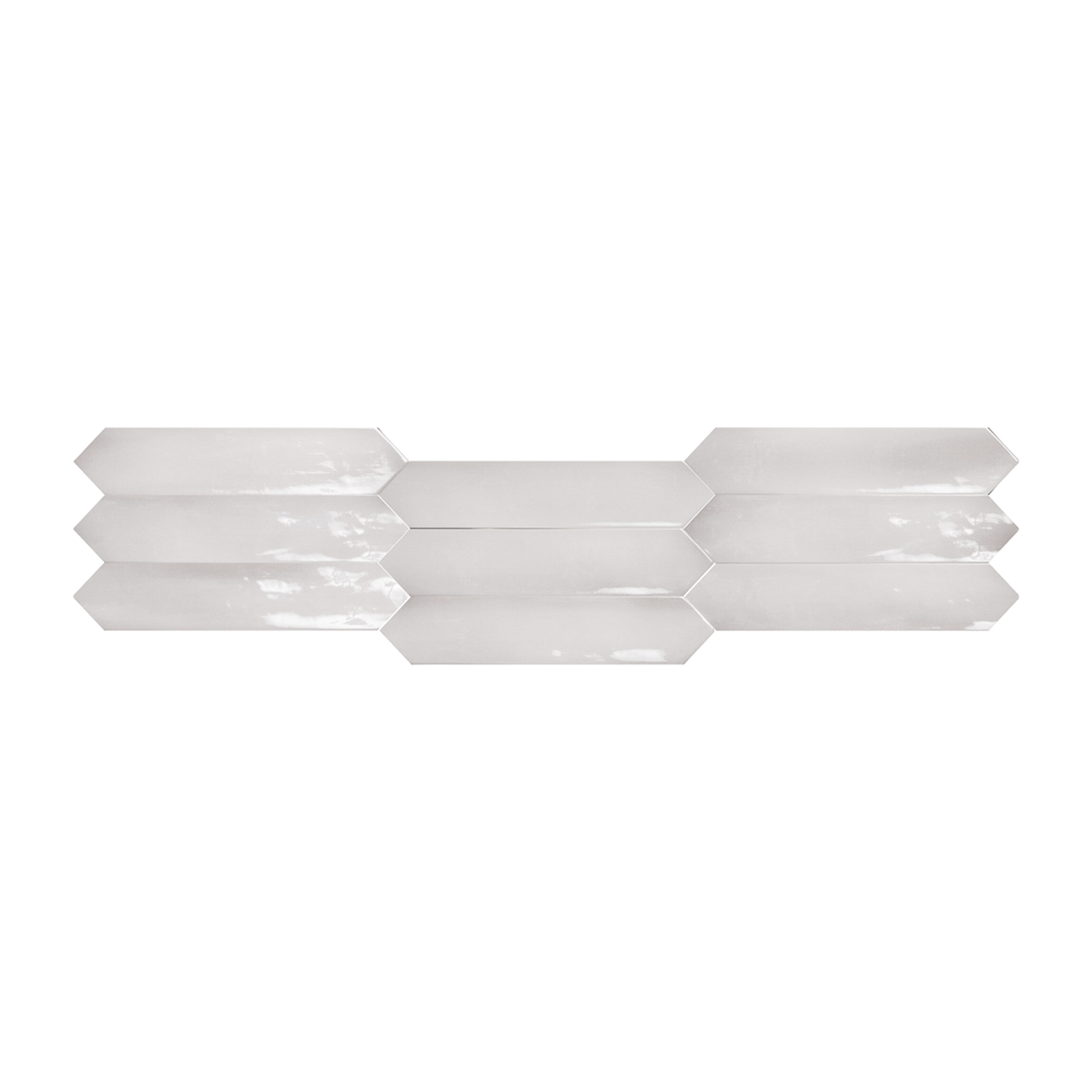 Four staggered rows of glossy, light gray Sfumature - Fango tiles, each rectangular with pointed ends, arranged in a horizontal, geometric pattern on a white background.