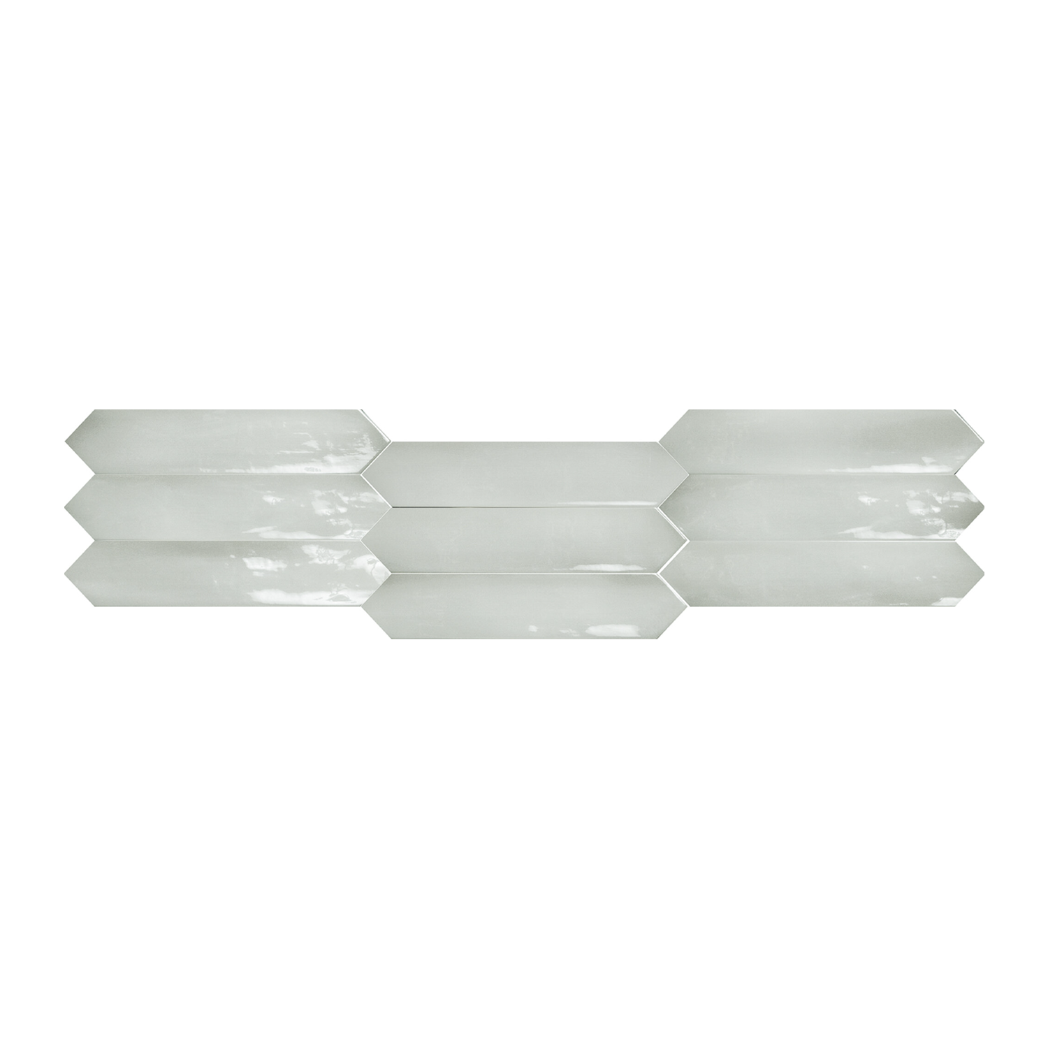 Four rows of Sfumature - Verde, light gray, glossy, elongated hexagonal tiles arranged in an interlocking pattern on a white background.