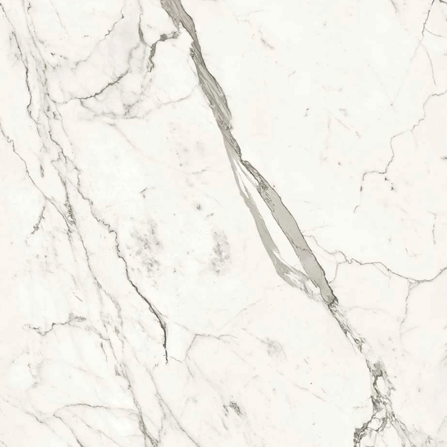 Statuario Supremo features a smooth, polished white marble surface accented by scattered gray and black natural veining, highlighted by a single prominent thick gray vein that runs diagonally across the stone.