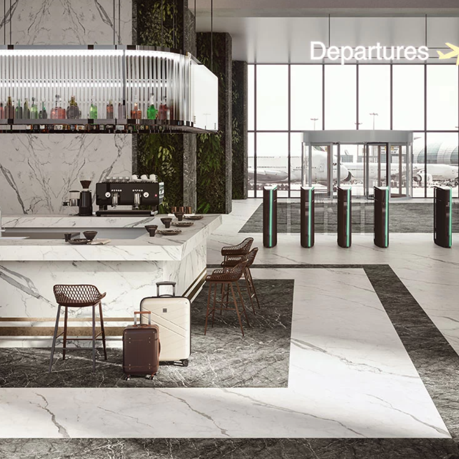 A modern airport lounge featuring Statuario Supremo marble floors, a bar counter, two suitcases, chairs, and a coffee machine. Glass doors and a Departures sign are visible, with airport gates in the background.