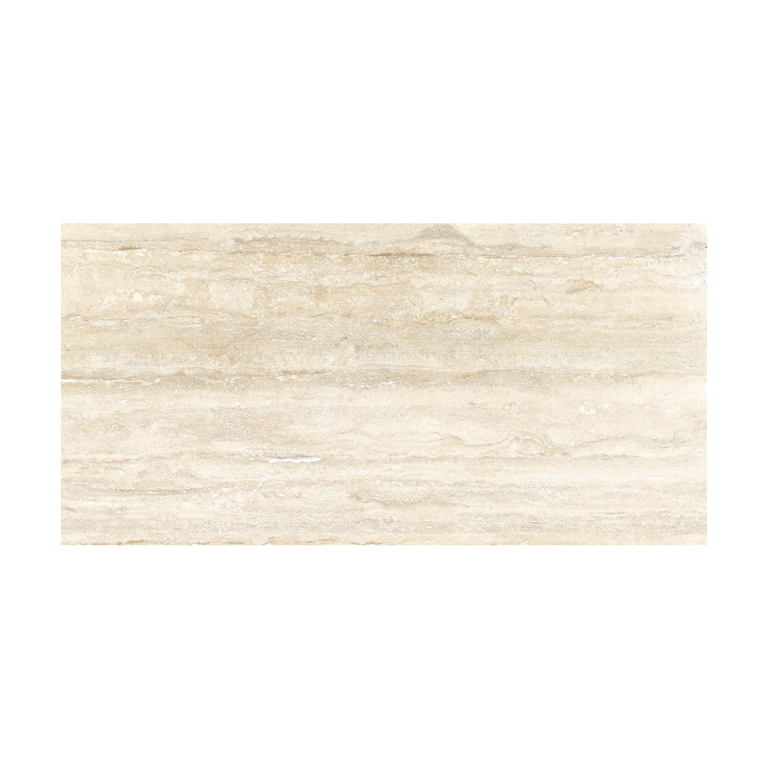 A rectangular beige tile called Travertino Al Contro - Bianco Al Contro, featuring light tan and cream horizontal streaks reminiscent of natural stone or marble, is displayed on a white background.