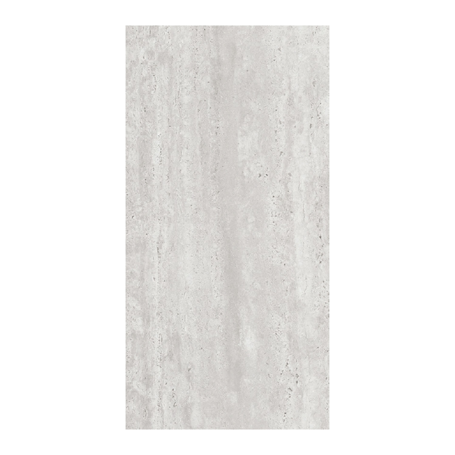 Travstone - Silver is a rectangular tile featuring a light gray, stone-like texture with subtle vertical streaks that mimic natural travertine. The surface has a smooth, matte finish and is displayed against a white background.