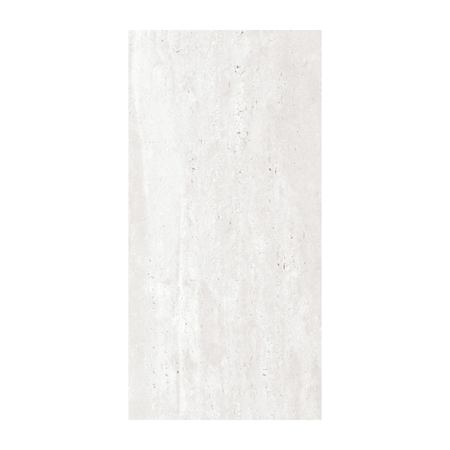 Travstone - White is a rectangular tile featuring a light gray, stone-like texture with subtle vertical streaks, reminiscent of natural marble or travertine, set against a white background.