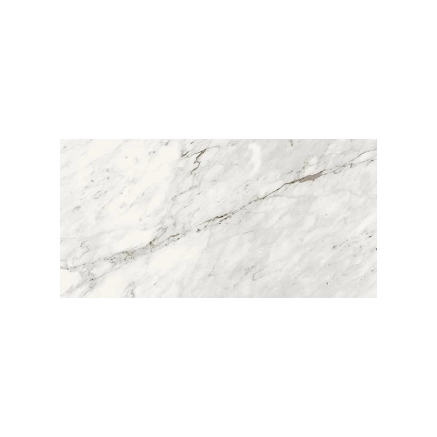 Trilogy - Carrara Classic features a polished white marble slab with light gray veining running diagonally across a smooth surface, showcasing the clean, natural stone patterns.