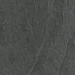 Waterfall - Gray Flow tiles in dark gray are shown from above, bordered with potted green plants and pink-and-white flowers.