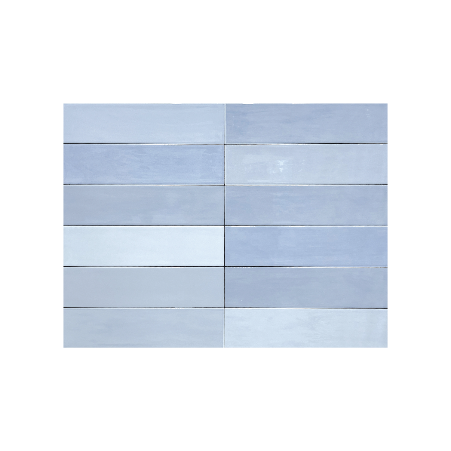 Twelve Zellige - Arctic light blue rectangular tiles are arranged in three rows and four columns, displaying subtle variations in shade. The tiles are centered on a plain white background.