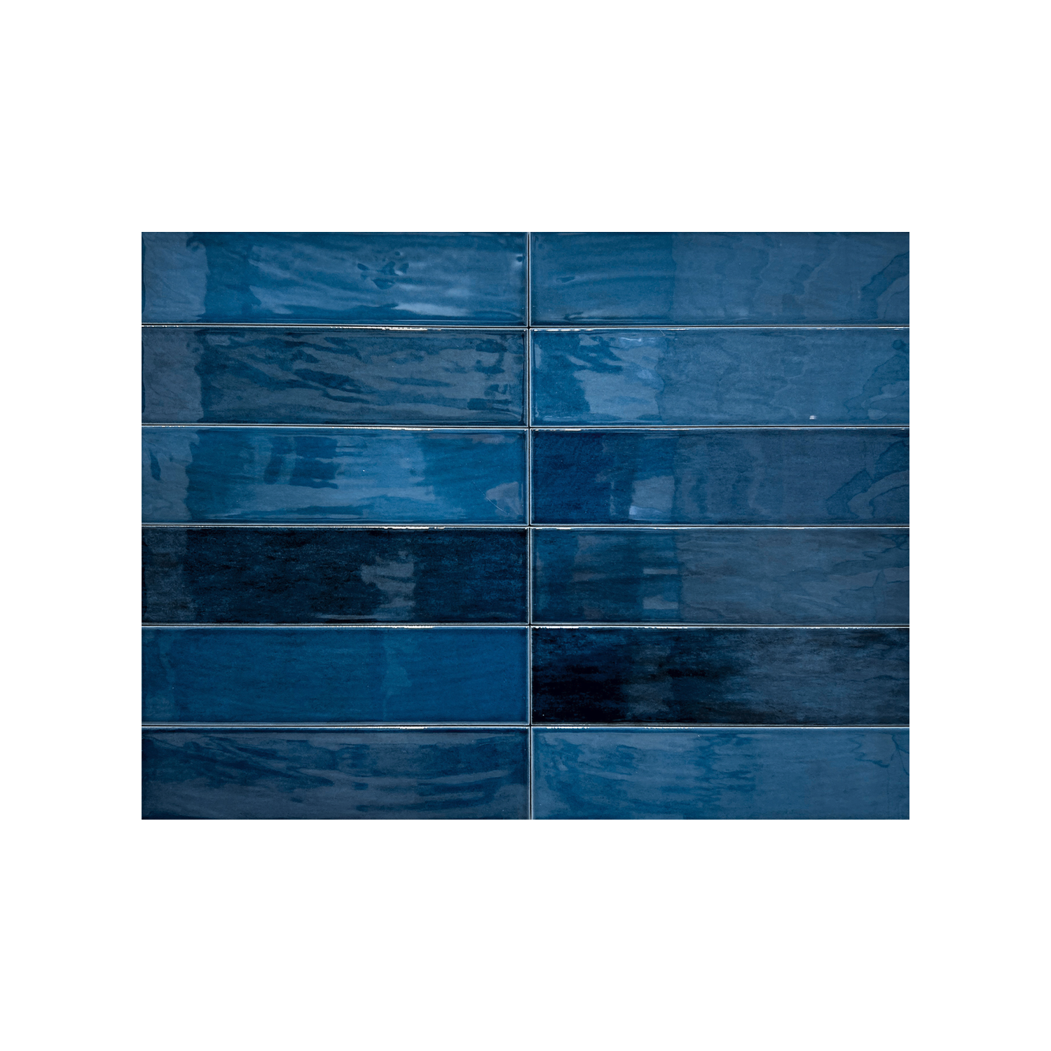 A set of Zellige - Blue tiles arranged in a 3x4 grid on a white background, featuring glossy rectangular surfaces that showcase varied shades of blue, subtle surface texture differences, and visible reflections.
