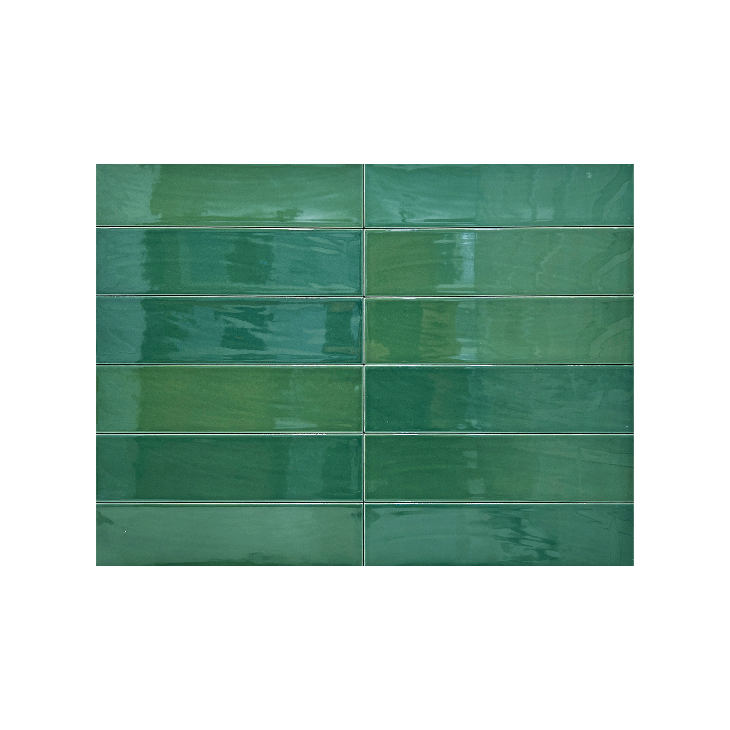 Zellige - Green ceramic tiles arranged in a horizontal grid pattern with a glossy, reflective finish. Each rectangular tile is separated by white grout, and the entire arrangement is centered on a plain white background.