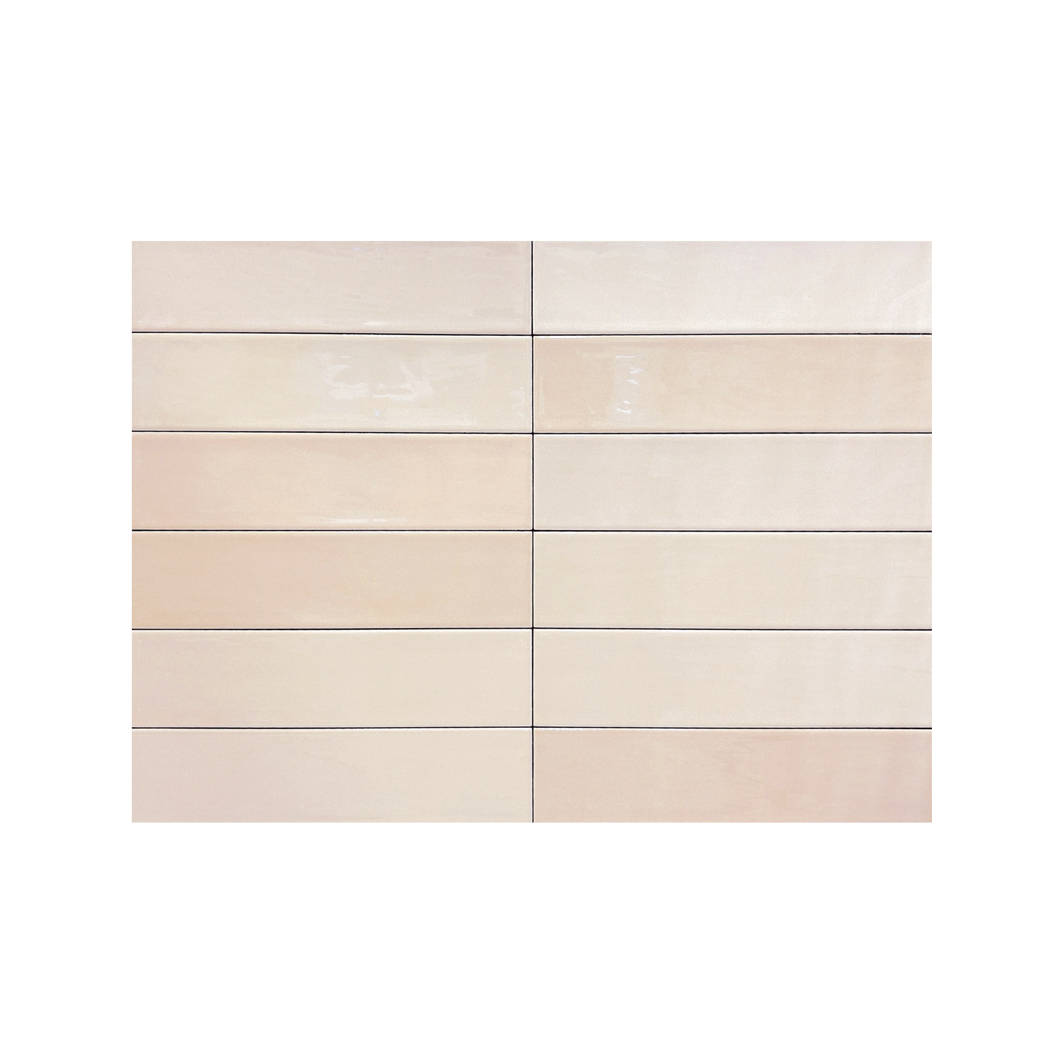 A grid of twelve rectangular, glossy Zellige - Ivory ceramic tiles in soft beige and light pink tones, arranged in three rows and four columns on a white background.