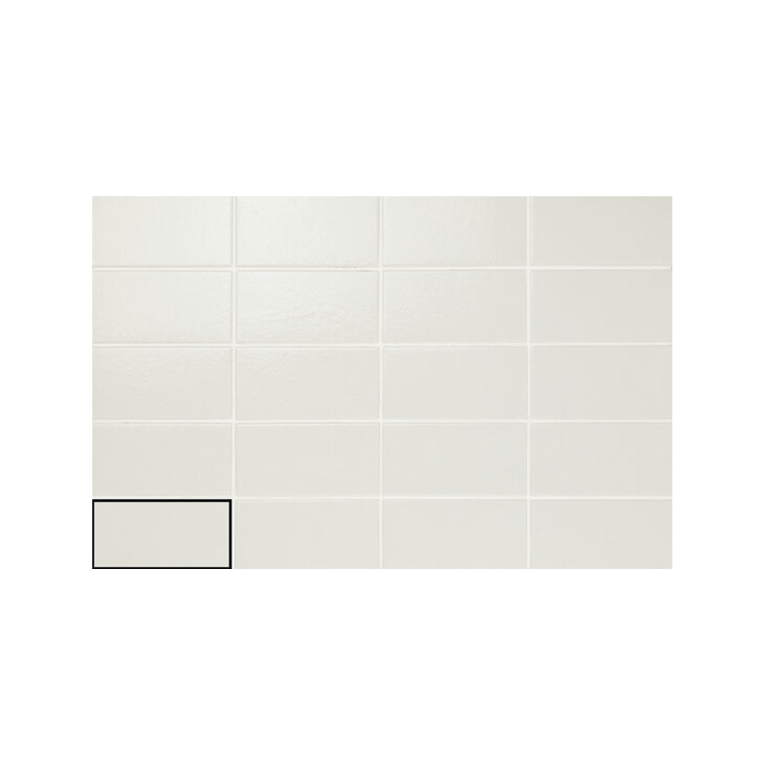 A grid of glossy white rectangular Arka - Arka White tiles, with a single tile in the bottom left corner outlined in black to highlight it against the rest. The background is plain and minimal.