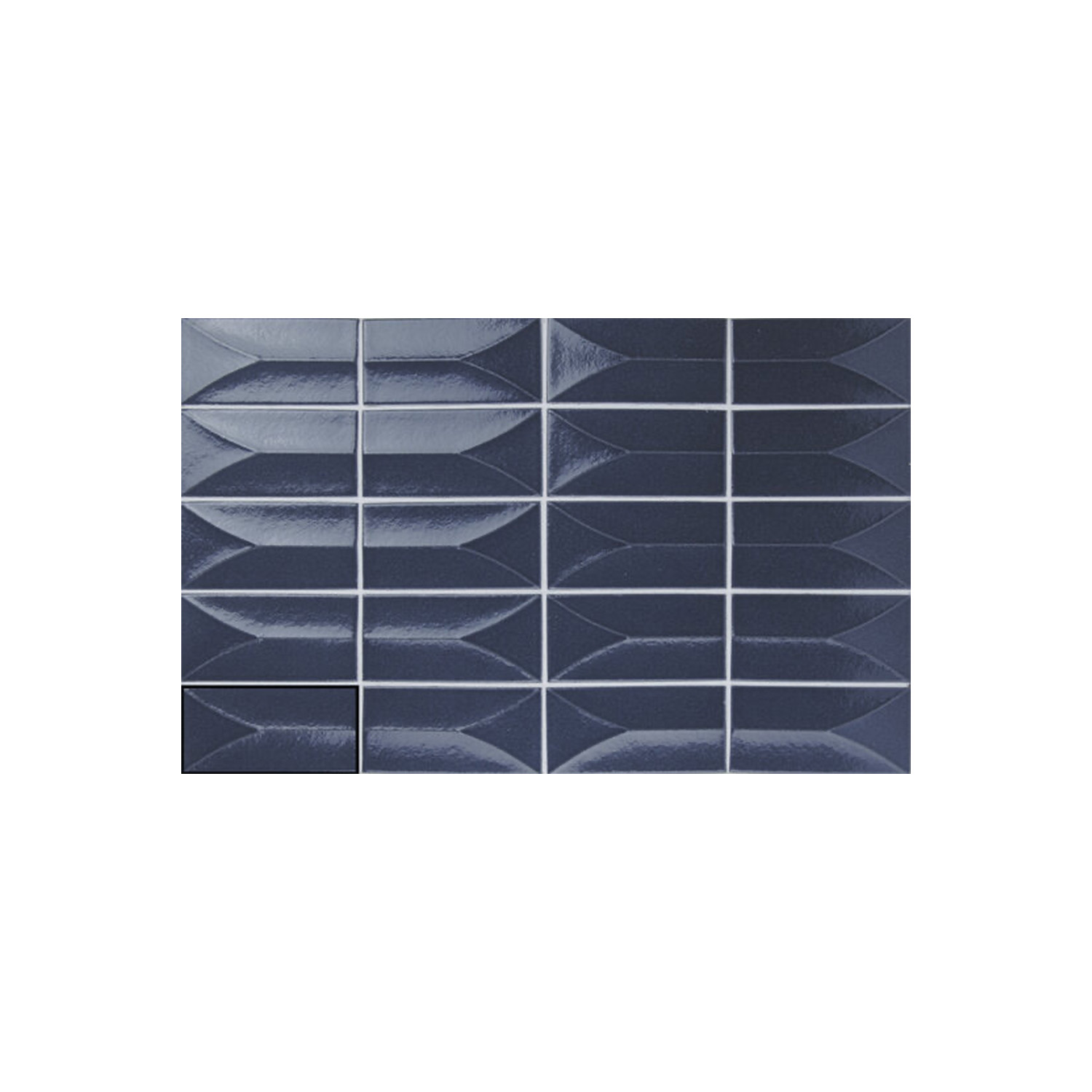 Arka - Forma Blue rectangular tiles in a navy blue color, arranged in a grid pattern, each featuring beveled edges that give a geometric, three-dimensional effect.