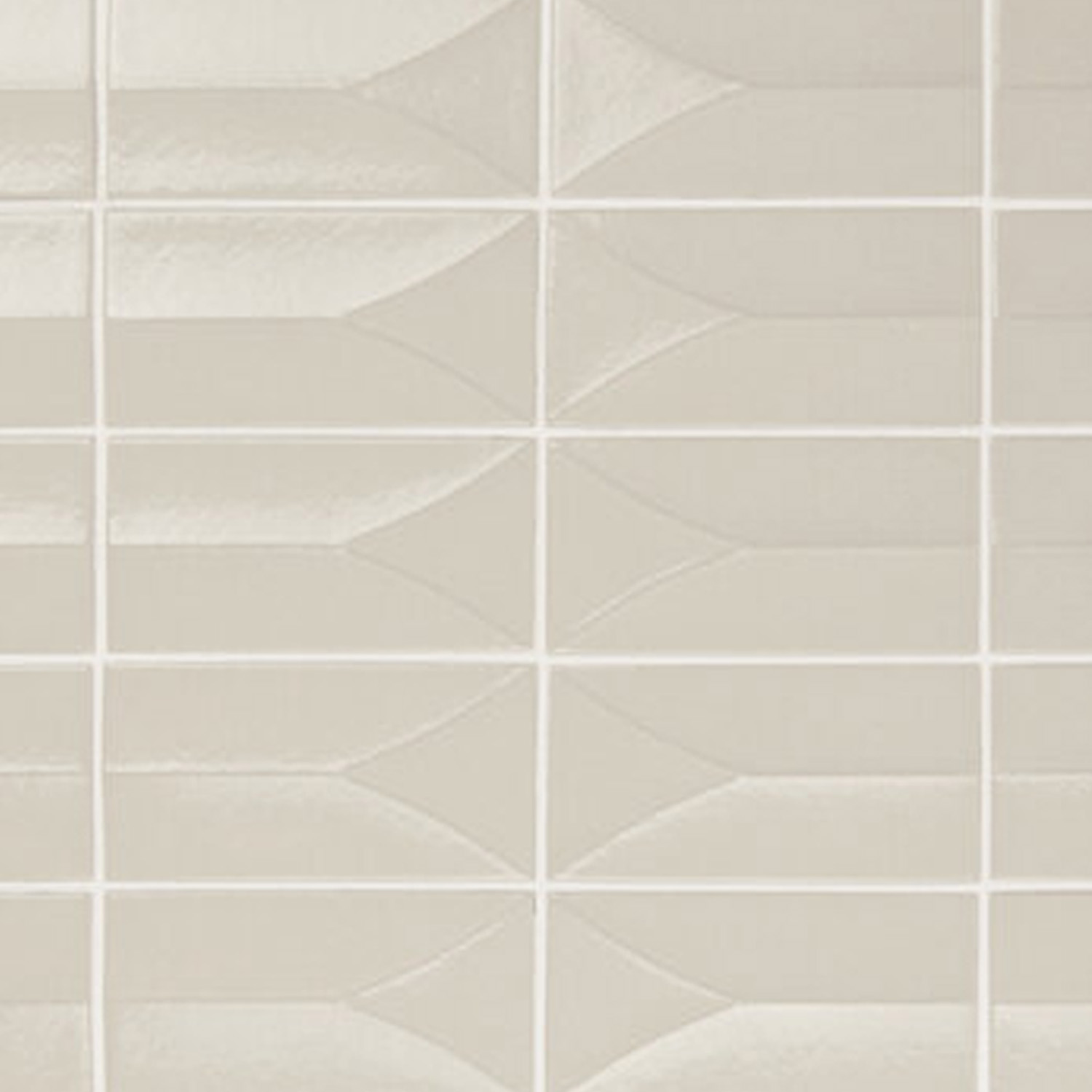 Arka - Forma Bone tiles are glossy, off-white rectangles arranged in a grid pattern, each featuring a geometric, subtly raised design that lends a refined three-dimensional effect.