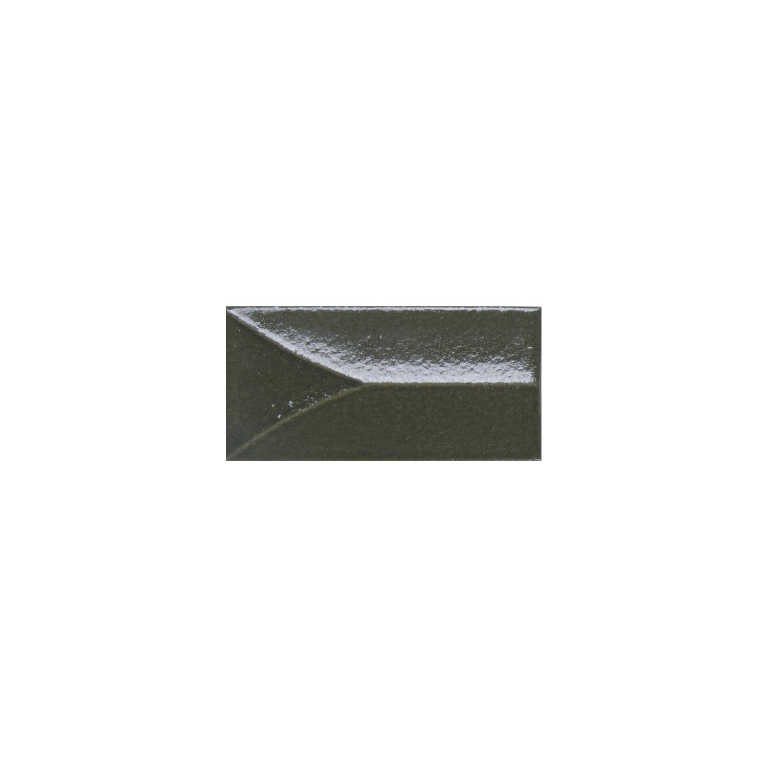 Centered on a white background is a single, glossy, rectangular Arka - Forma Green tile featuring a raised, diagonal geometric design.